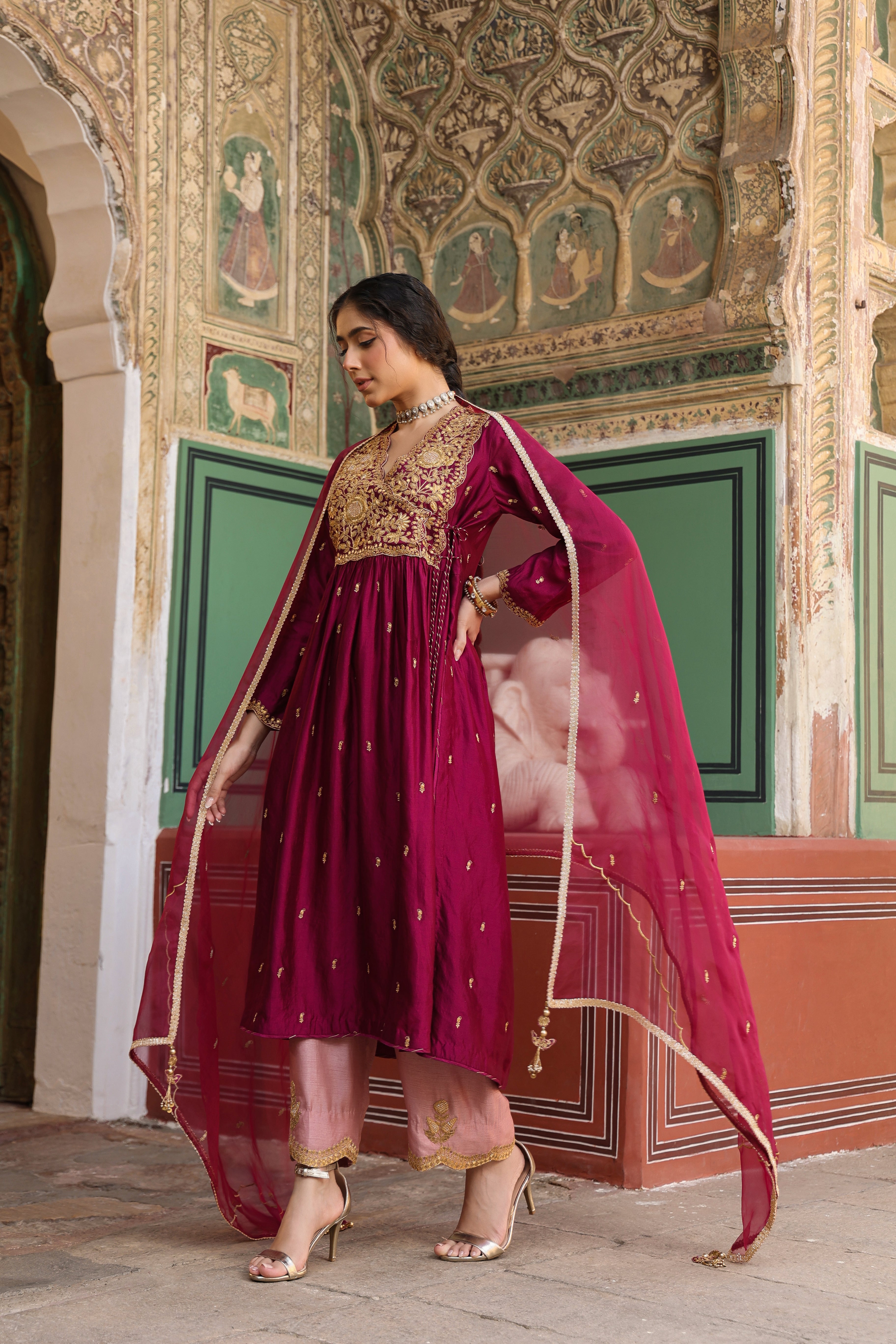 Wine Color Riwayat Overlap Frockstyle Kurta Set