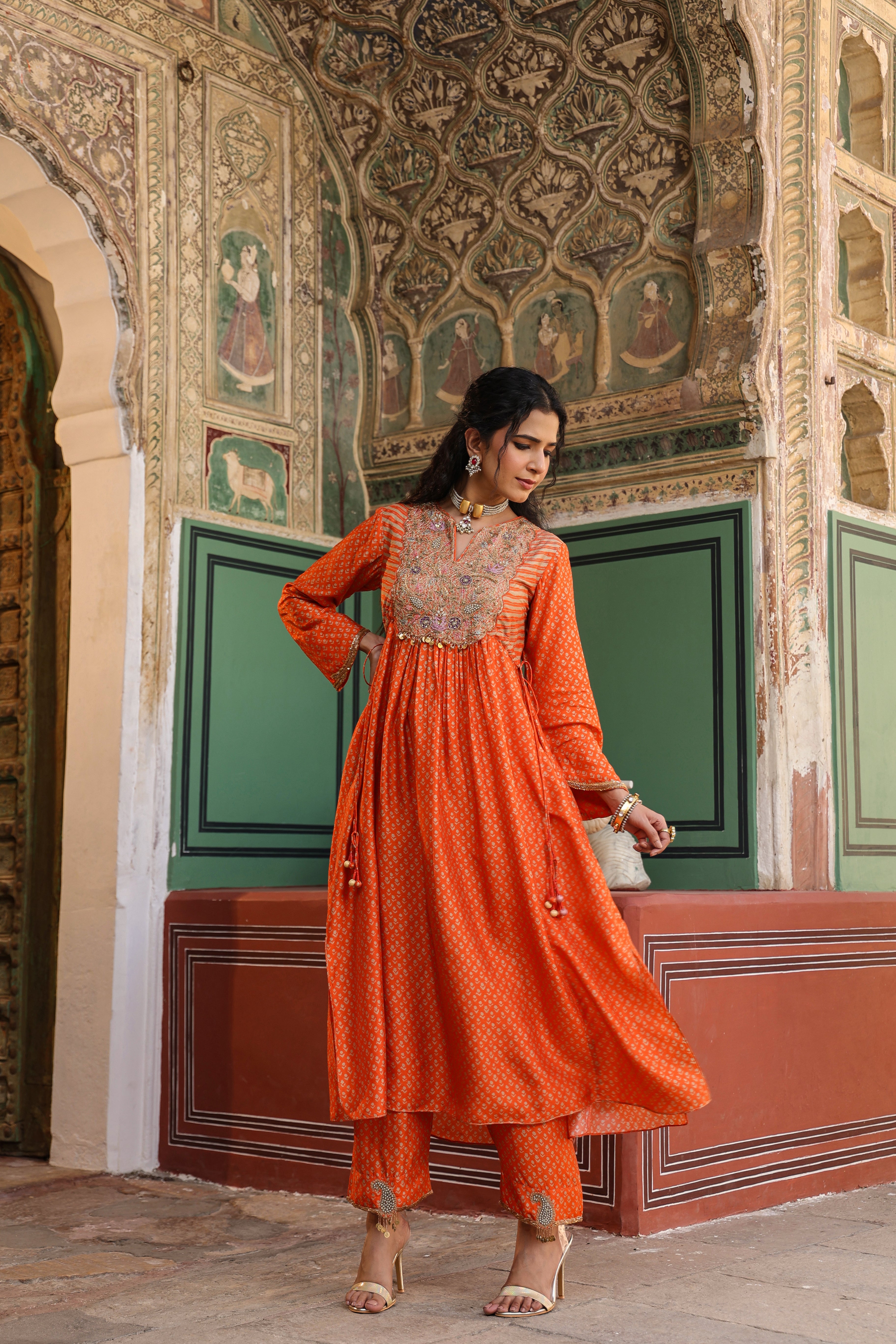 Orange Riwayat Printed Frockstyle Kurta Set