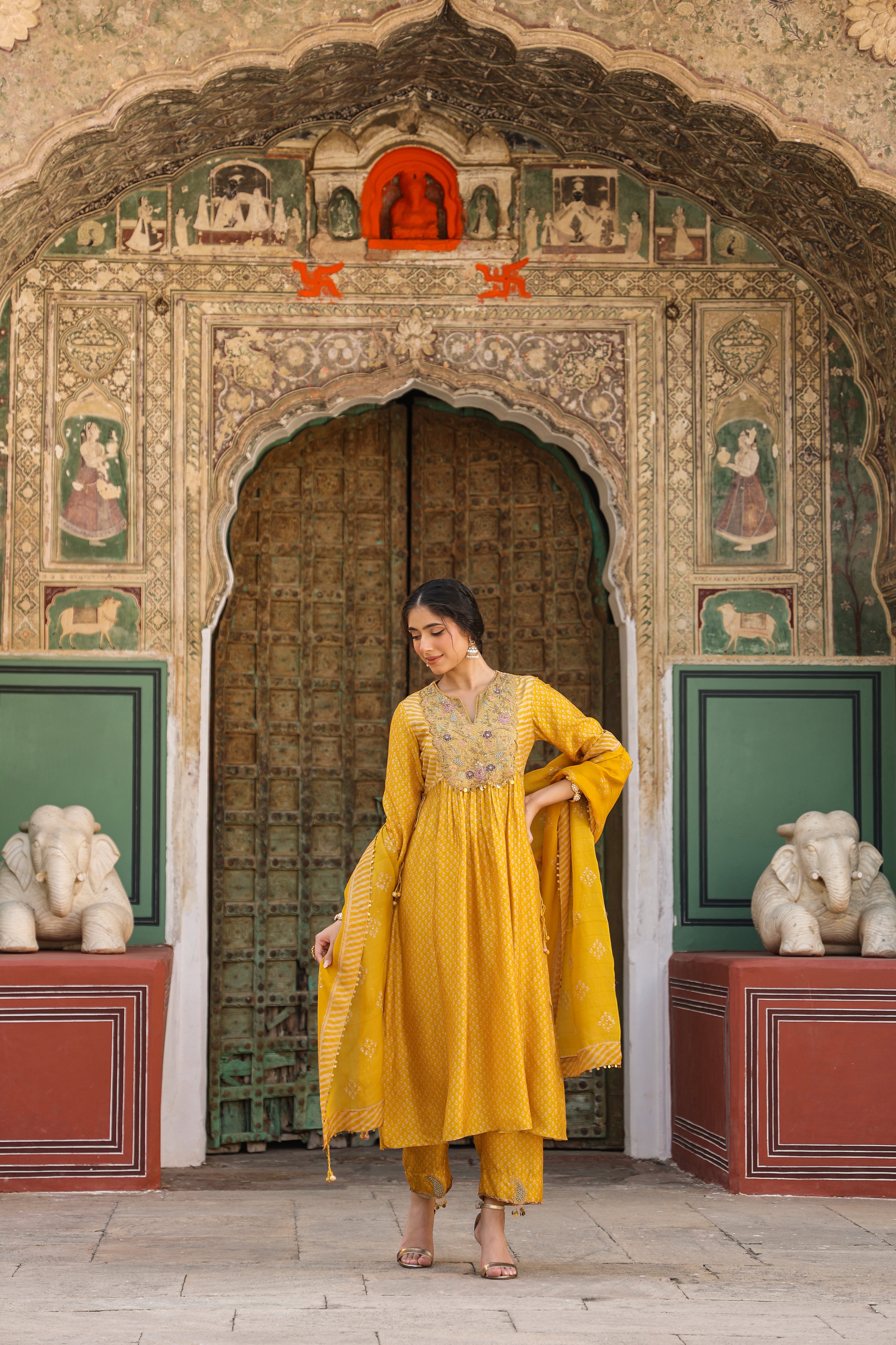 Mustard Riwayat Printed Frockstyle Kurta Set