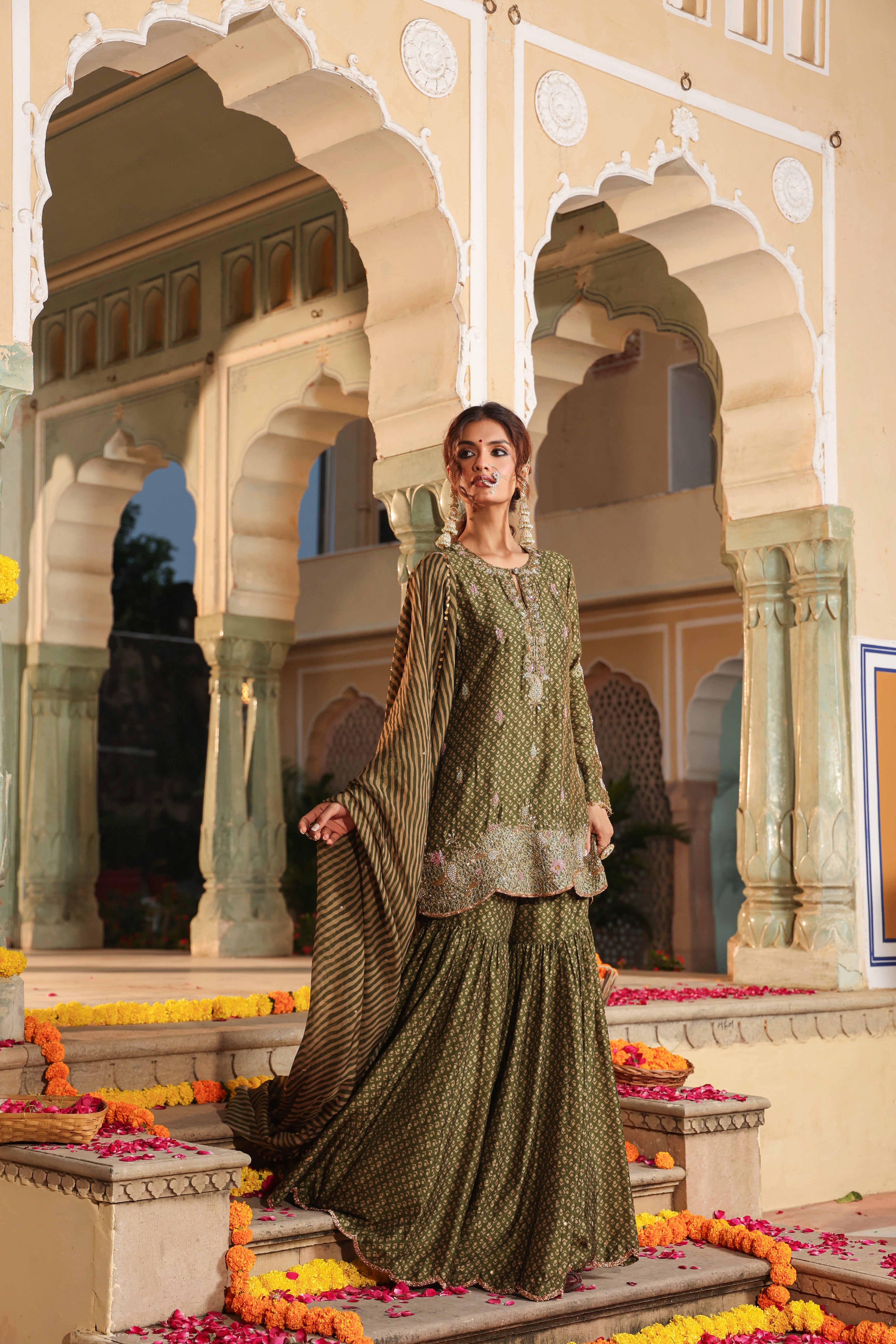 Olive Green Riwayat Printed Sharara Set