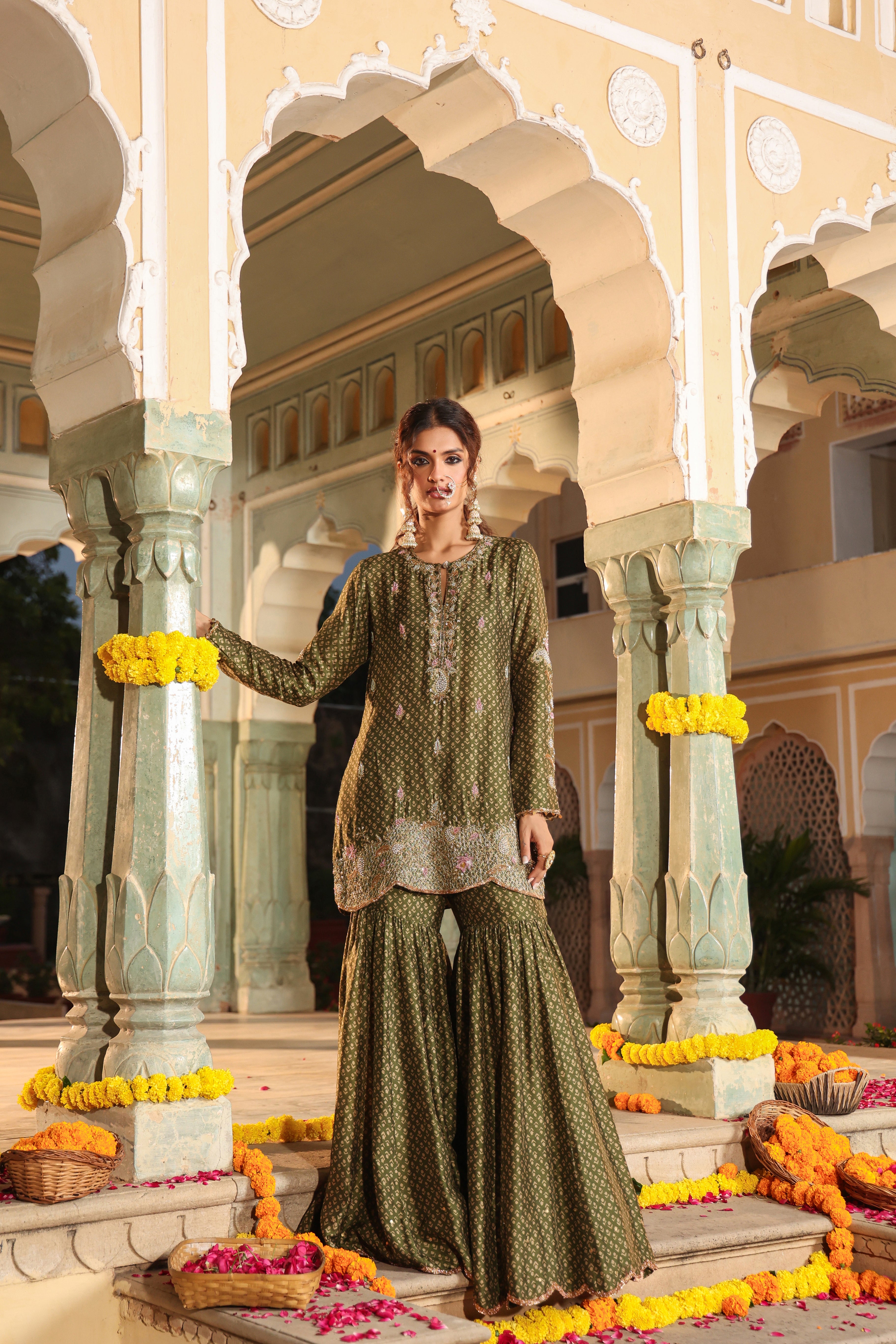 Olive Green Riwayat Printed Sharara Set