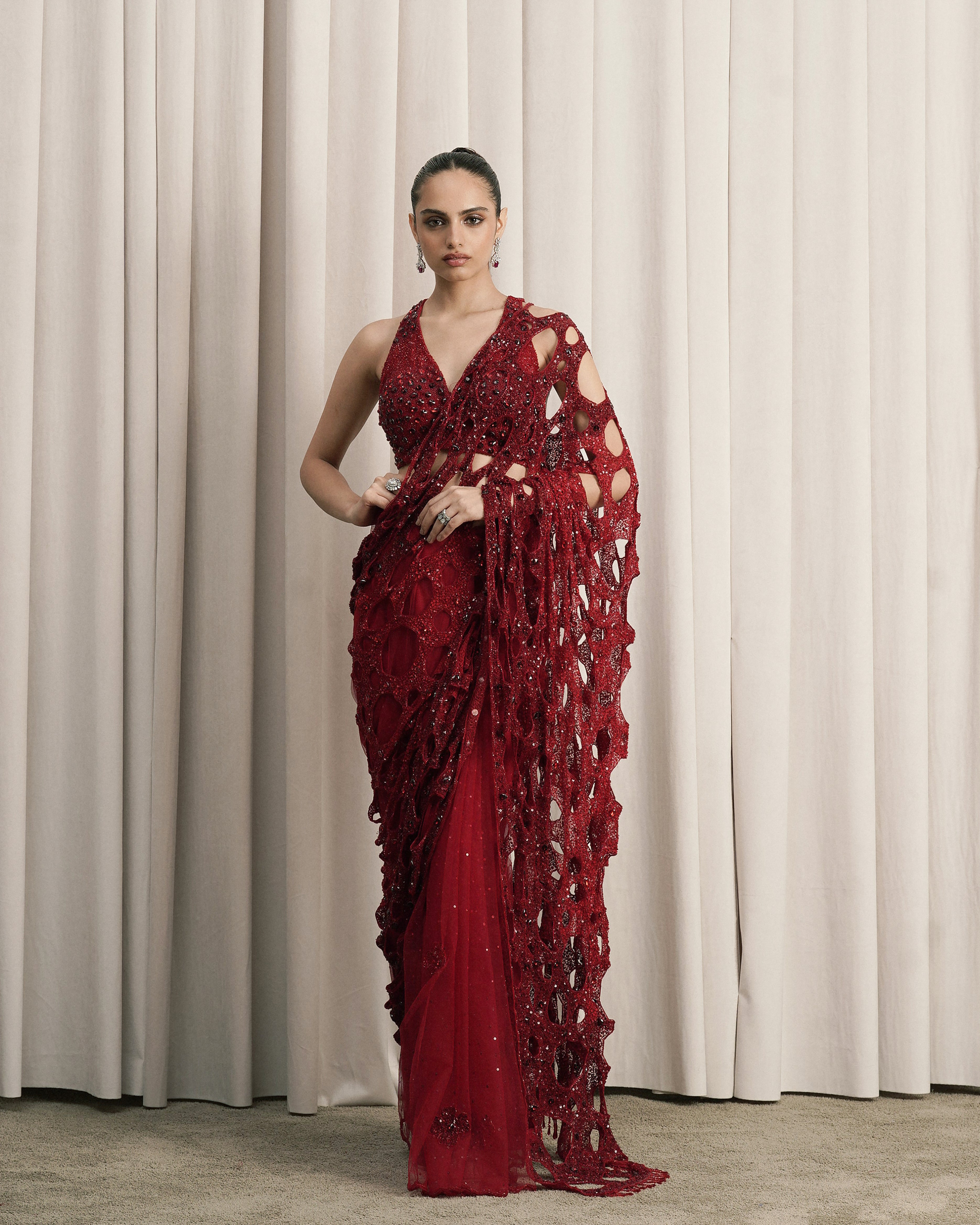 Red Net Saree With Halter-neck Blouse