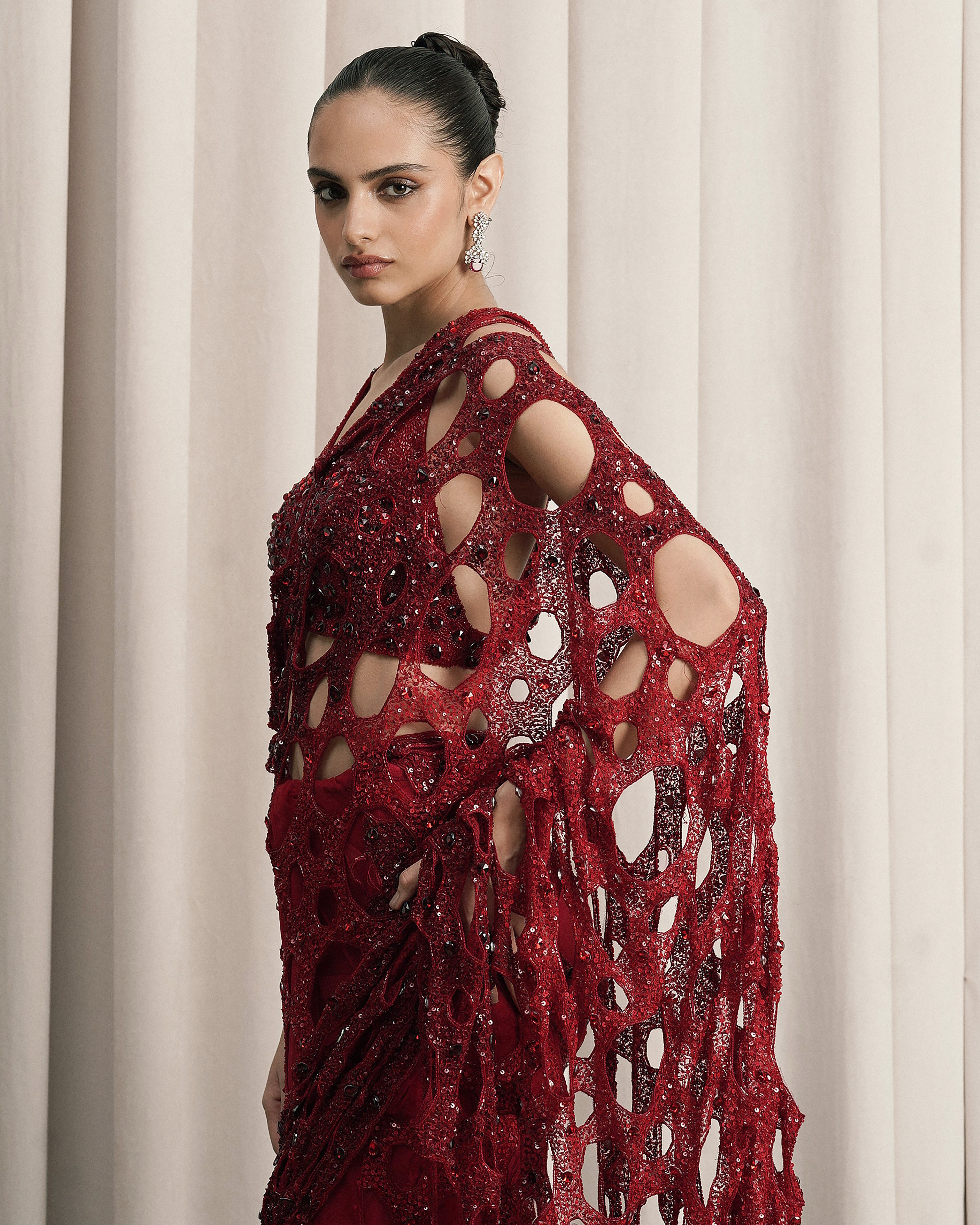 Red Net Saree With Halter-neck Blouse