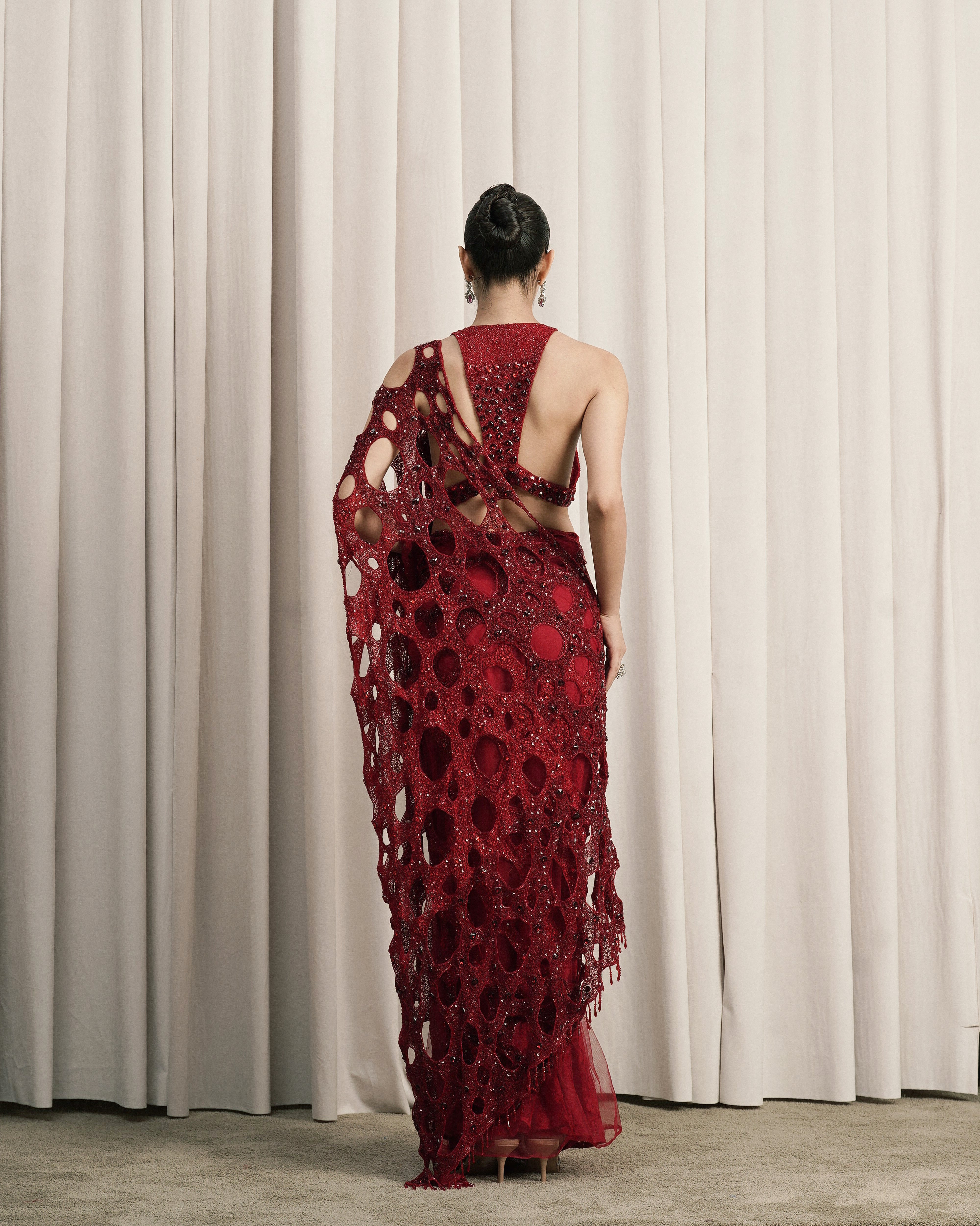 Red Net Saree With Halter-neck Blouse