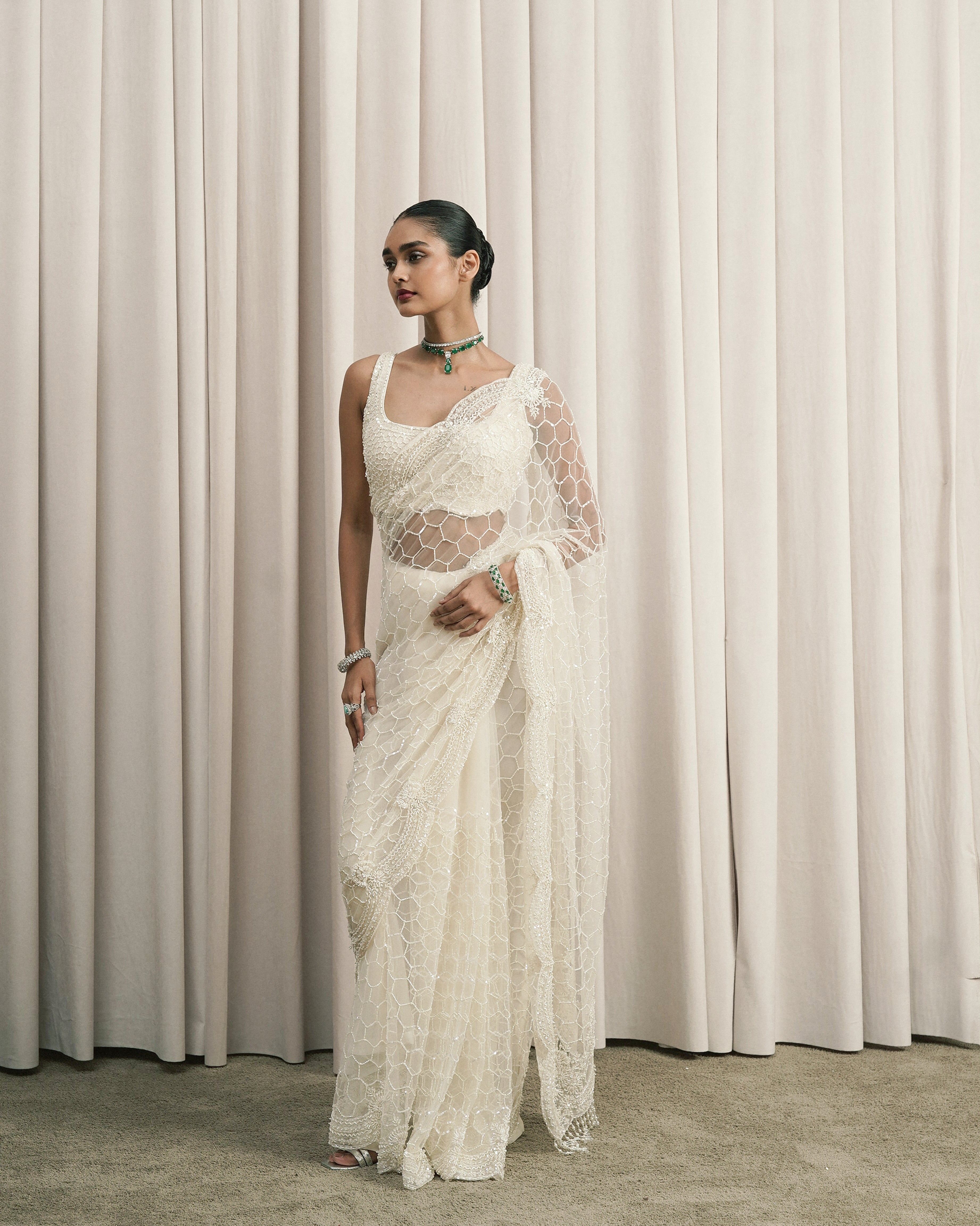 Ivory Embroidered Net Saree With Blouse