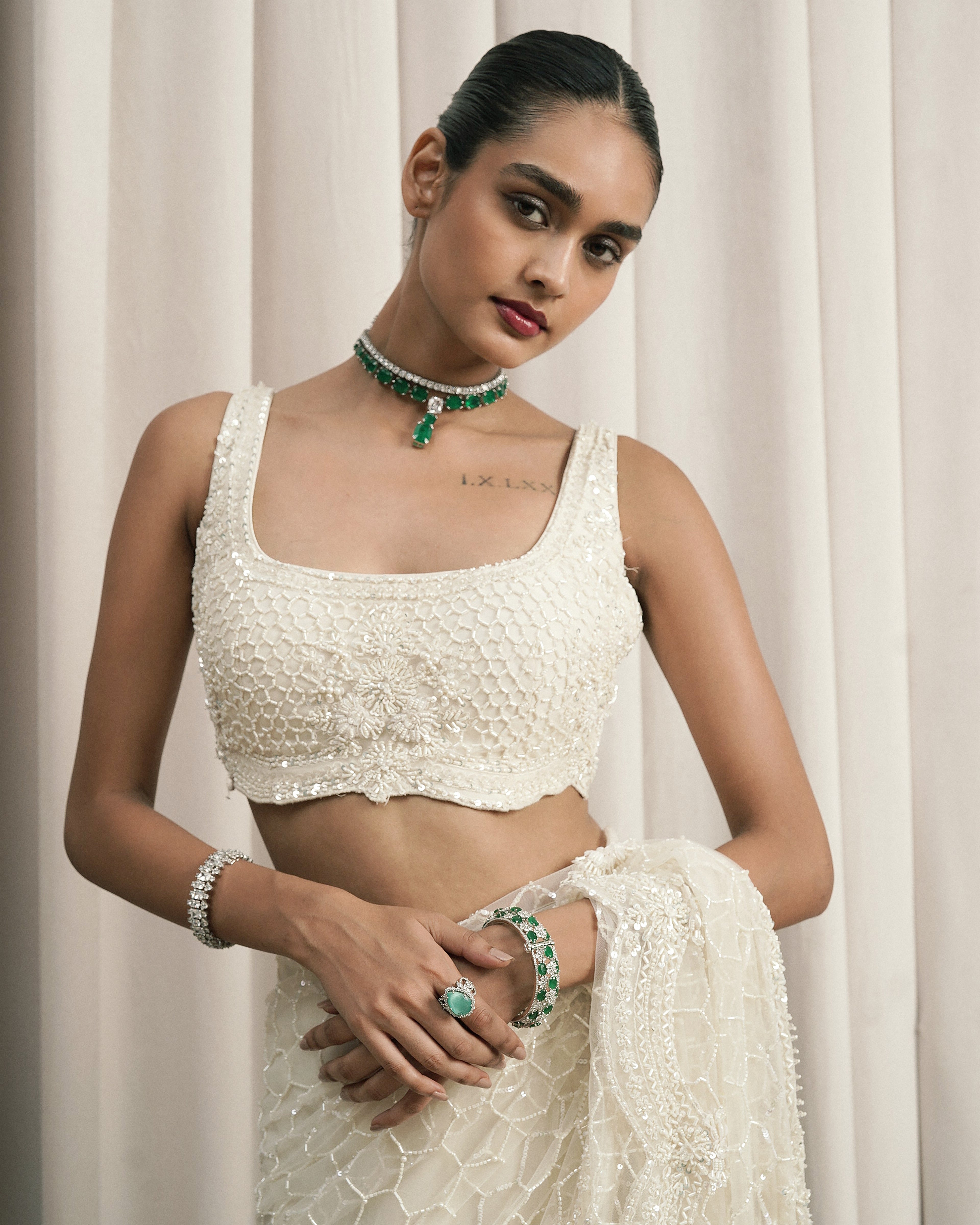 Ivory Embroidered Net Saree With Blouse