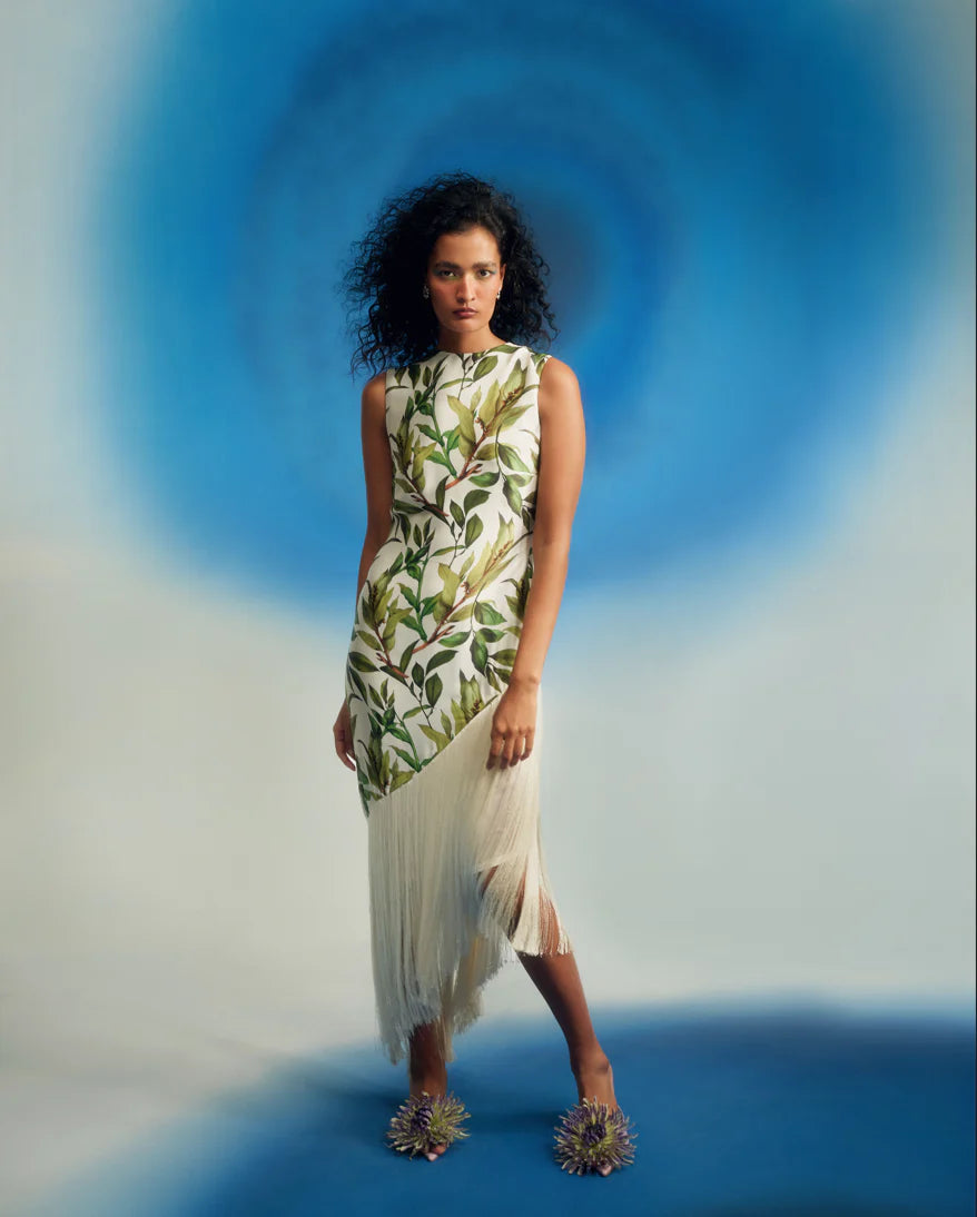 Assymetric Satin Fringe Dress