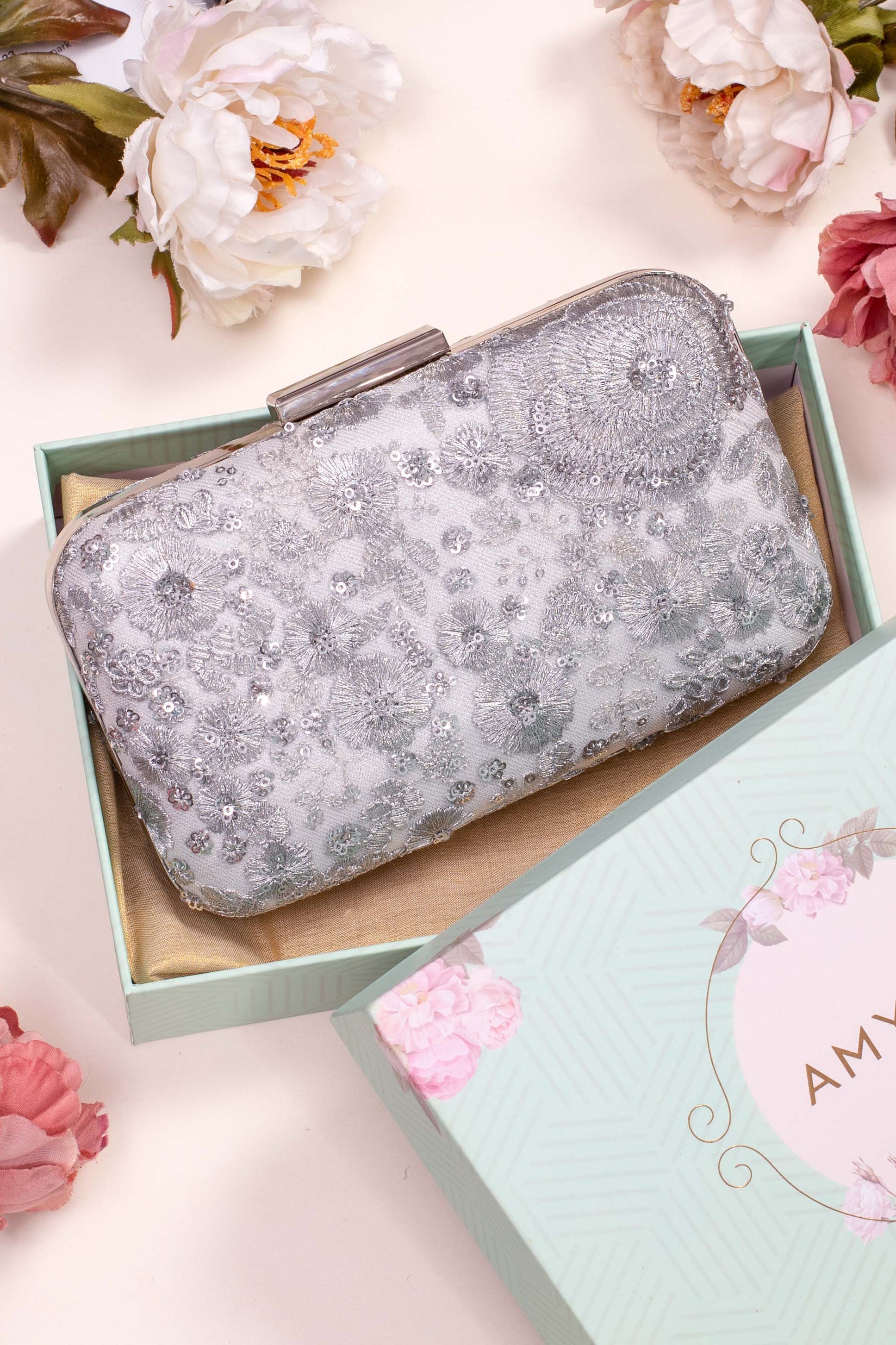 Silver Embroidered Box Clutch