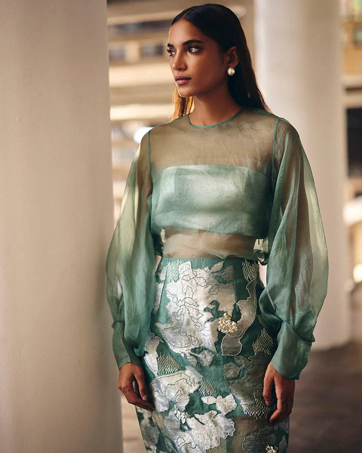 Sage Green Terra Dash Pencil Skirt With Opaline Sheer Top Set