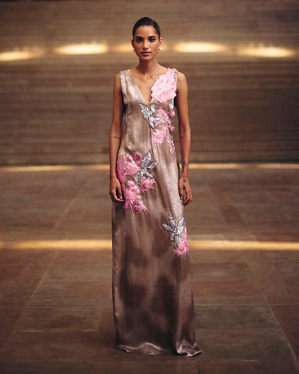 Copper Shimmer Pink Jacquard Applique Dress