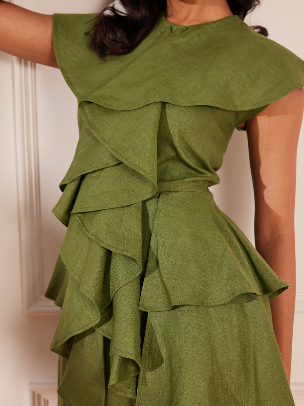 Moss Green Hemp Ruffle Dress