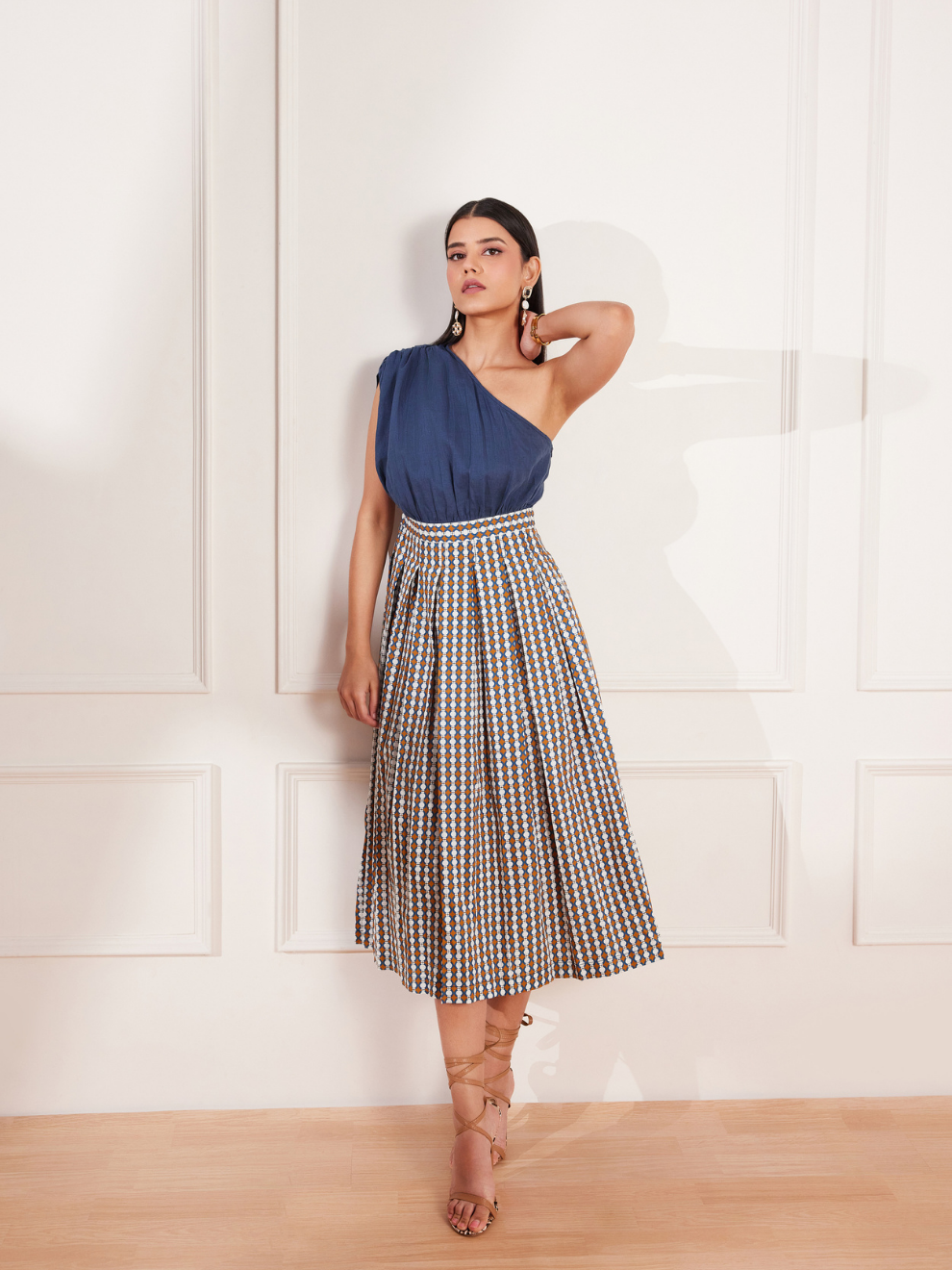 Summer Circle printed Color Blocked One Shoulder Midi