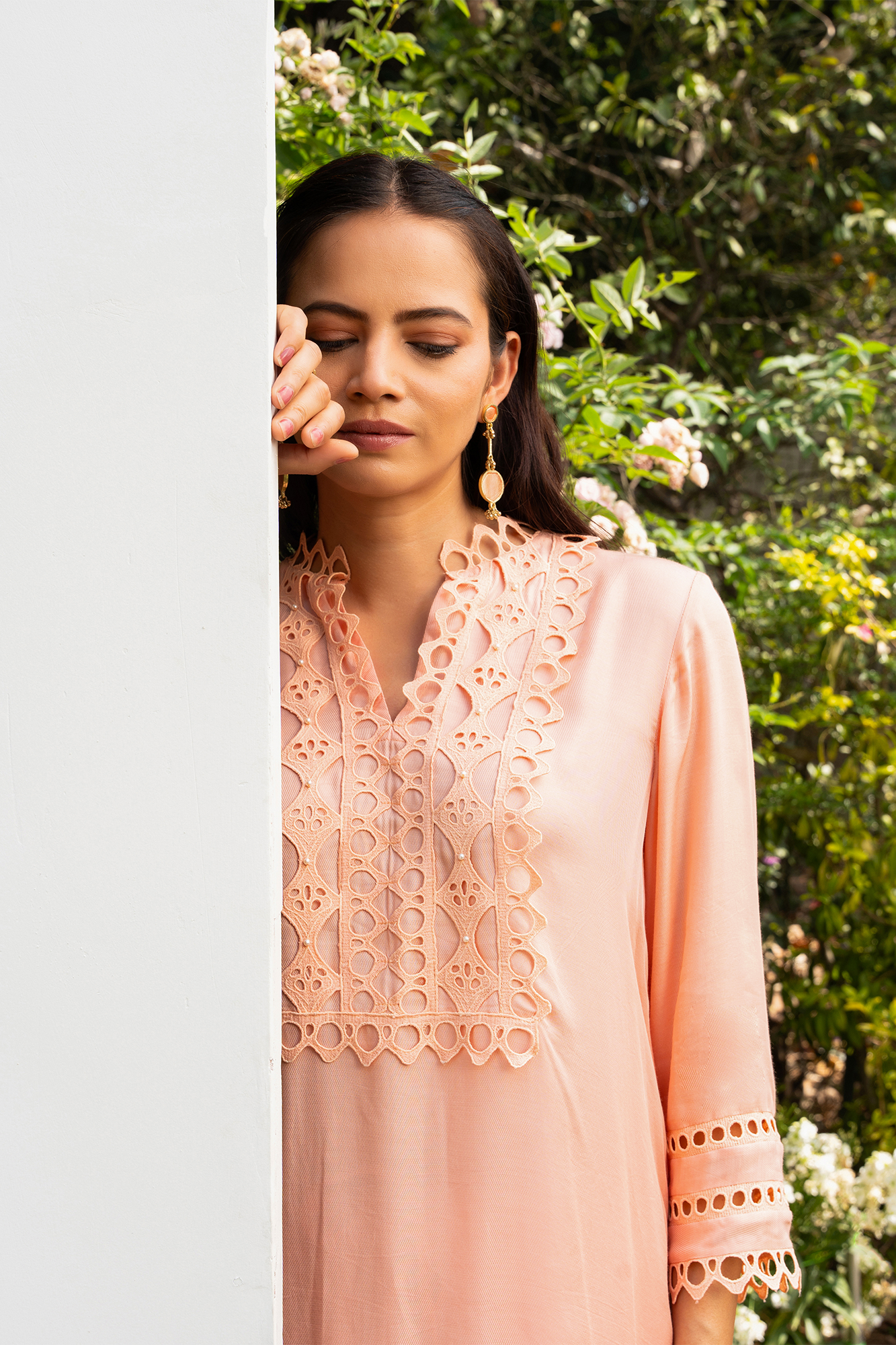 Peach Lace Yoke Co-ord set