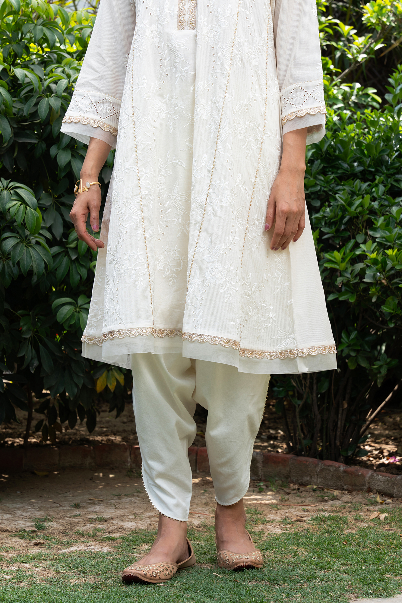 Off-White Floral Embroidered Short Anarkali Kurta Set With Dhoti Pants