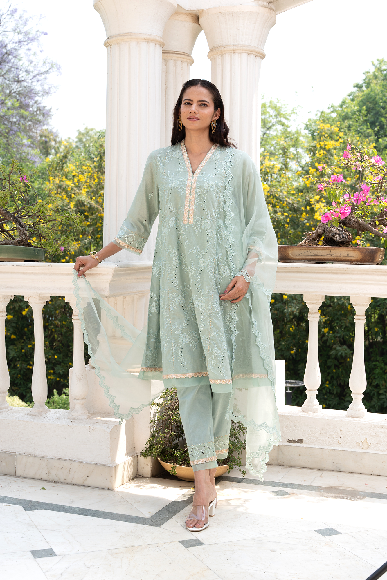 Sea-Green Floral Embroidered short anarkali kurta set with dhoti pants