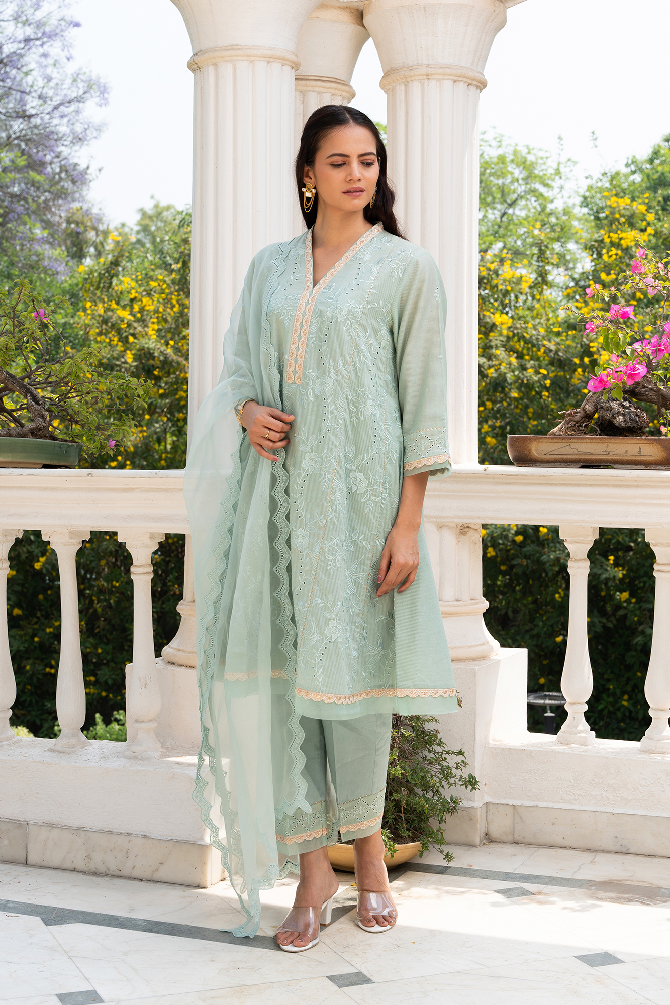 Sea-Green Floral Embroidered short anarkali kurta set with dhoti pants