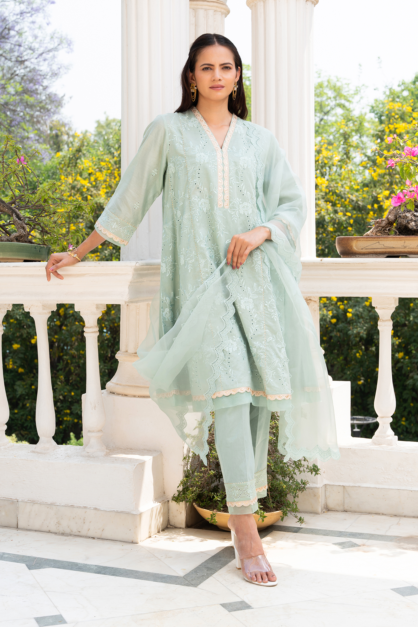 Sea-Green Floral Embroidered short anarkali kurta set with dhoti pants