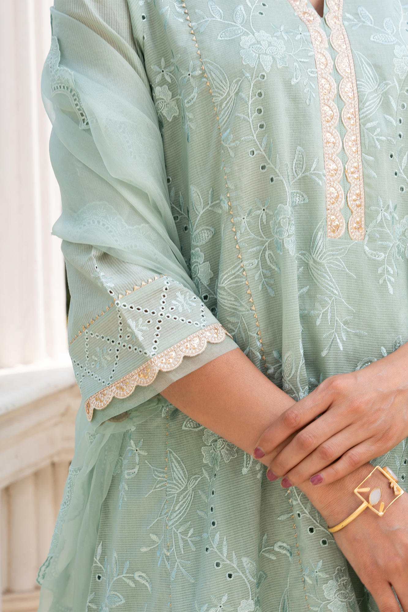 Sea-Green Floral Embroidered short anarkali kurta set with dhoti pants