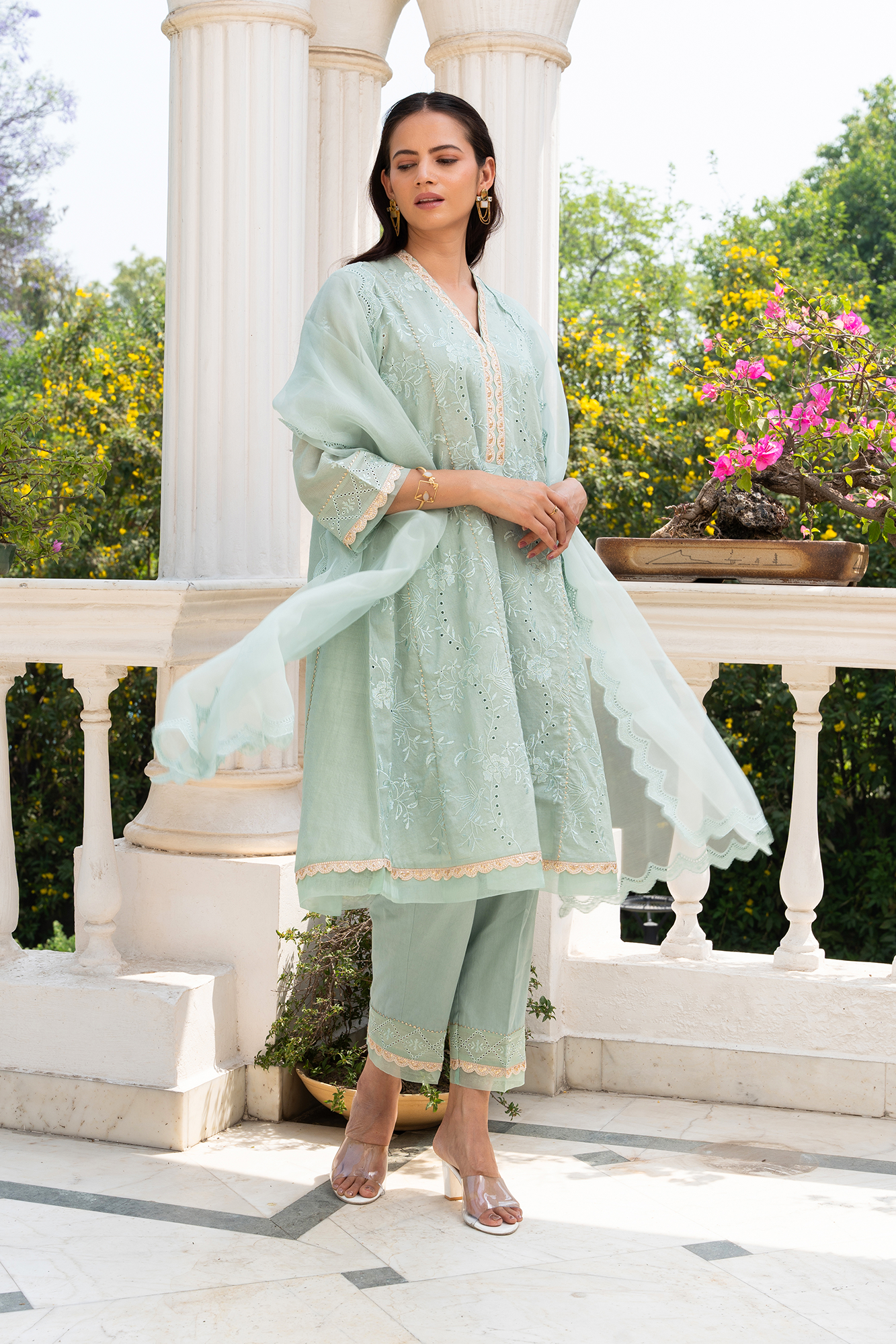 Sea-Green Floral Embroidered short anarkali kurta set with dhoti pants