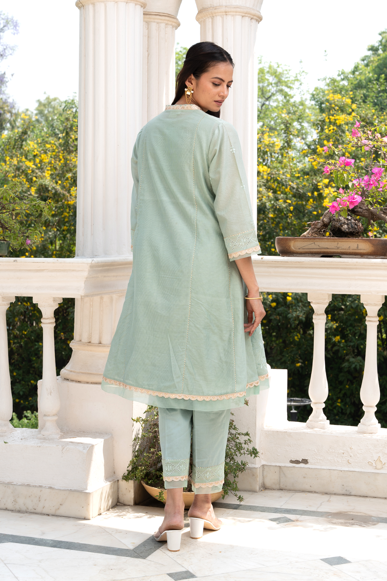 Sea-Green Floral Embroidered short anarkali kurta set with dhoti pants