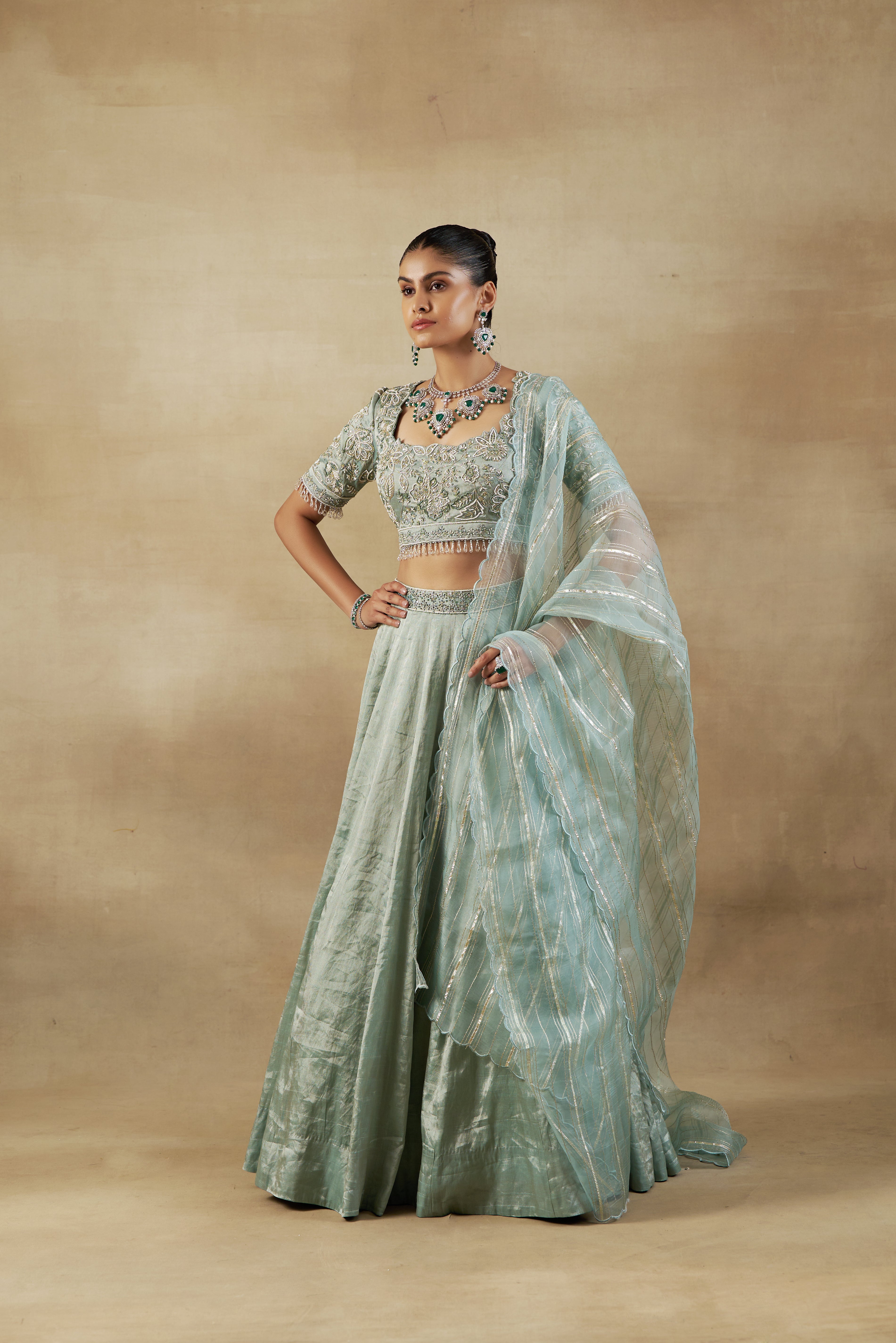 Green Lehanga Set With Organza Dupatta