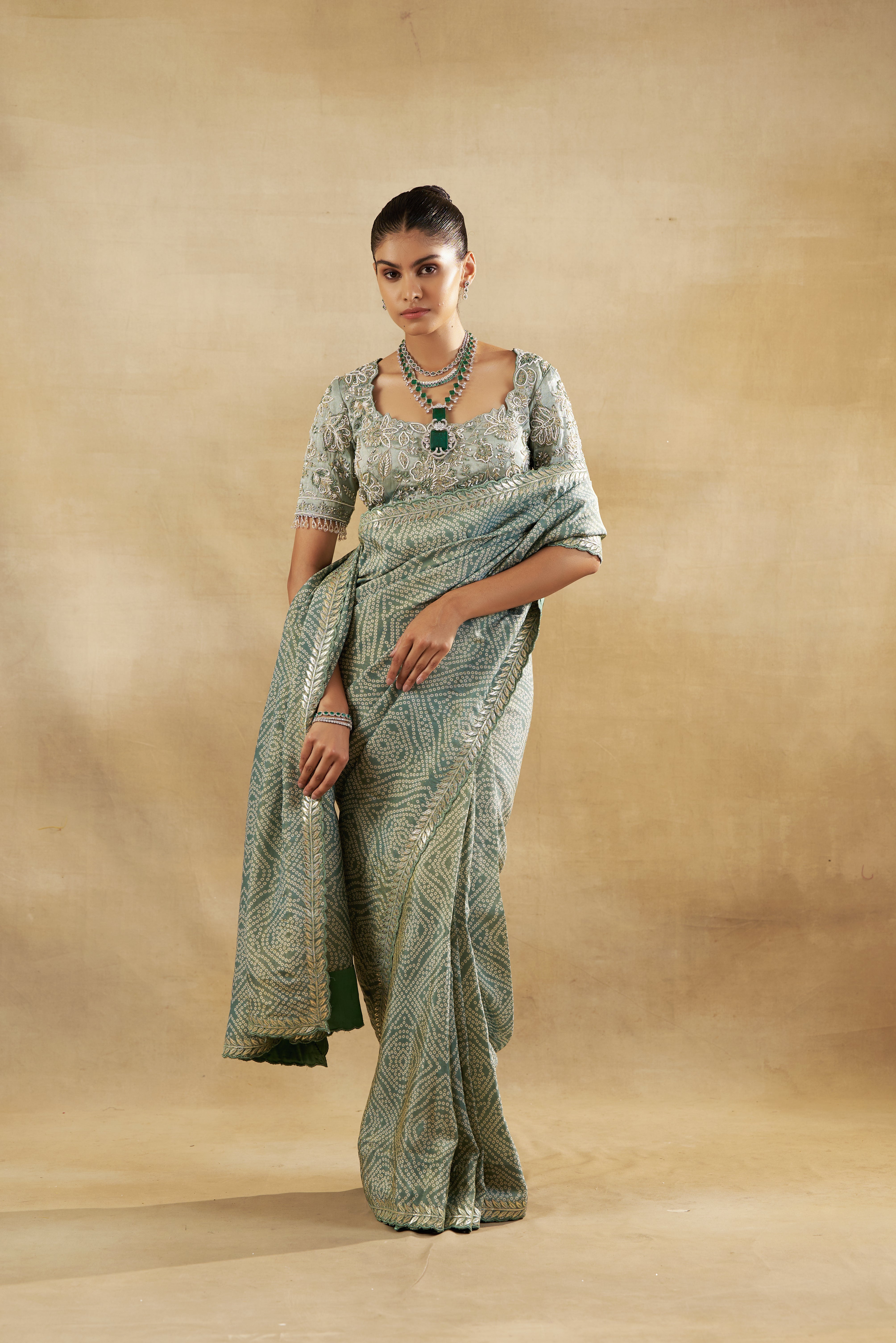 Green Tissue  Embroidered Saree