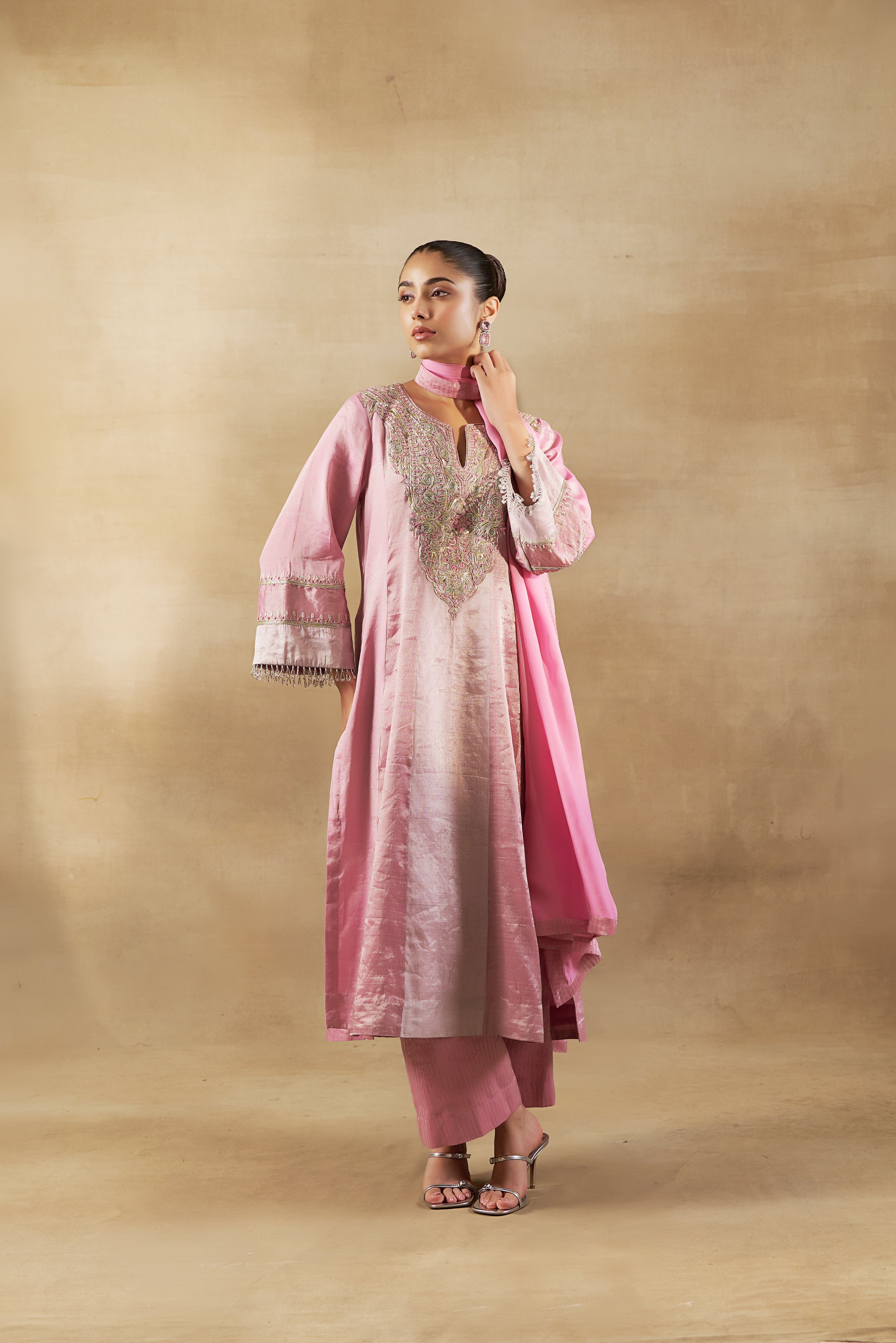 Pink Long Kalidaar Kurta Set With Silk Dupatta