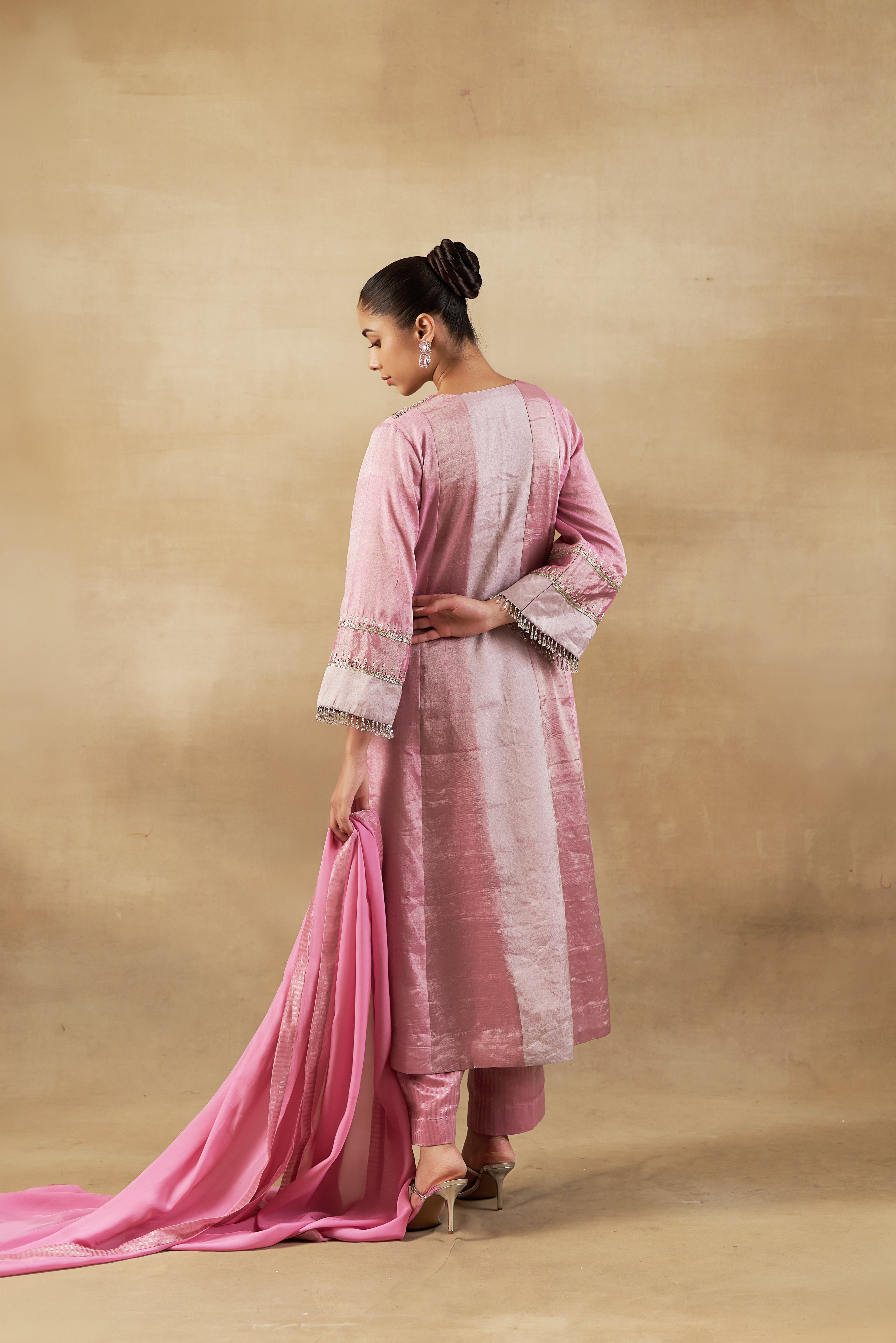 Pink Long Kalidaar Kurta Set With Silk Dupatta