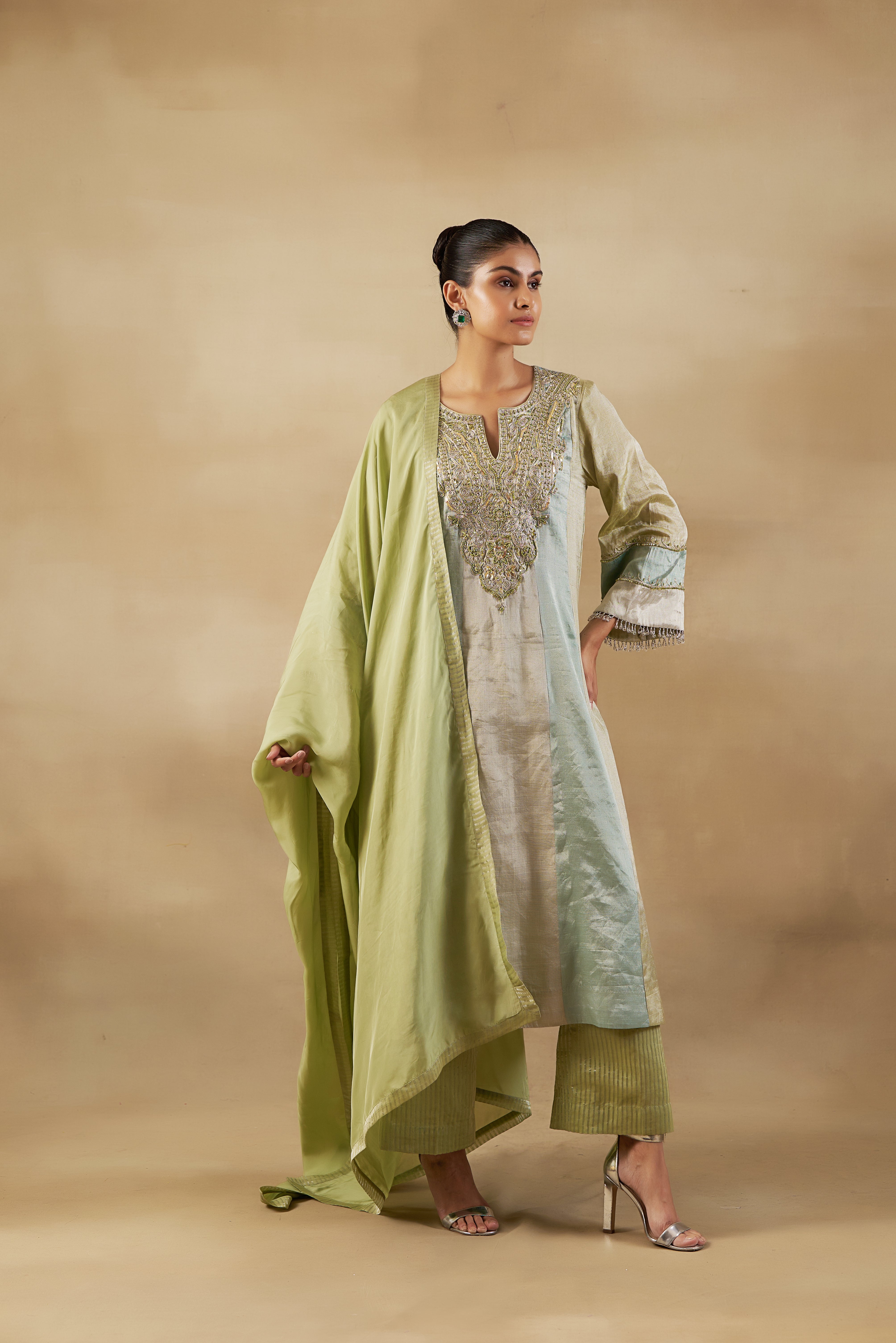 Green Long Kalidaar Kurta Set With Silk Dupatta