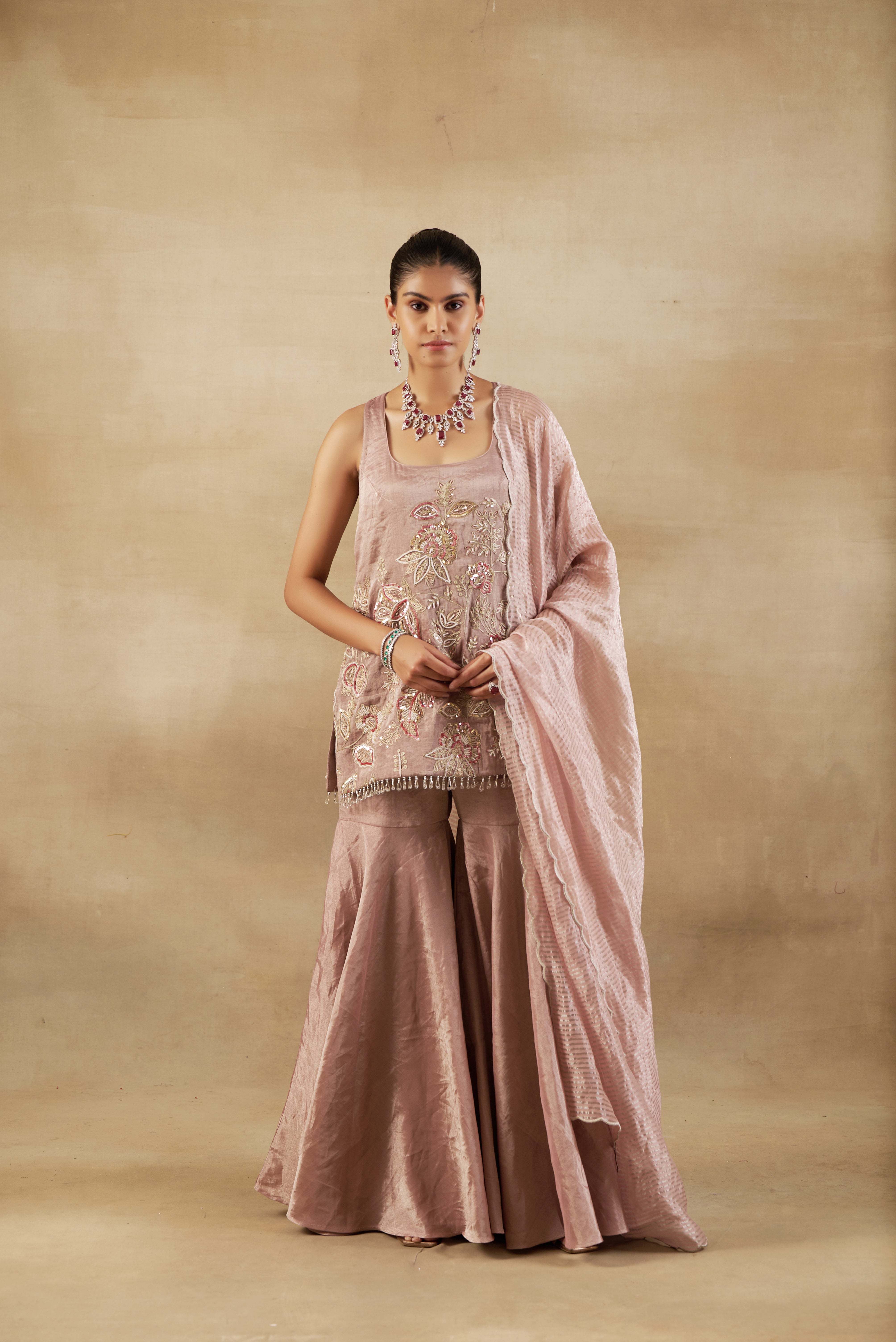 Nude Garara Set With Striped Banarsi Dupatta