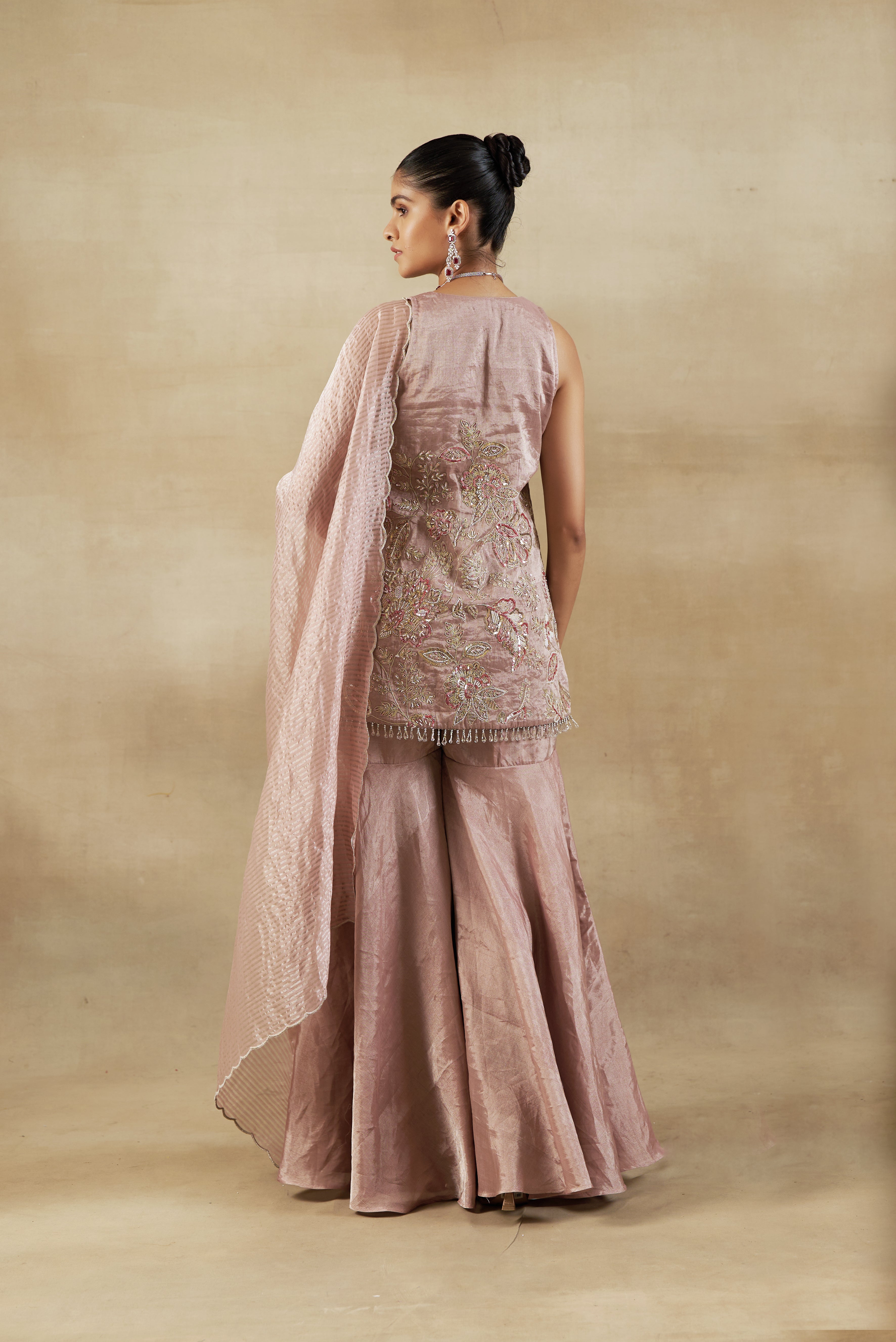 Nude Garara Set With Striped Banarsi Dupatta