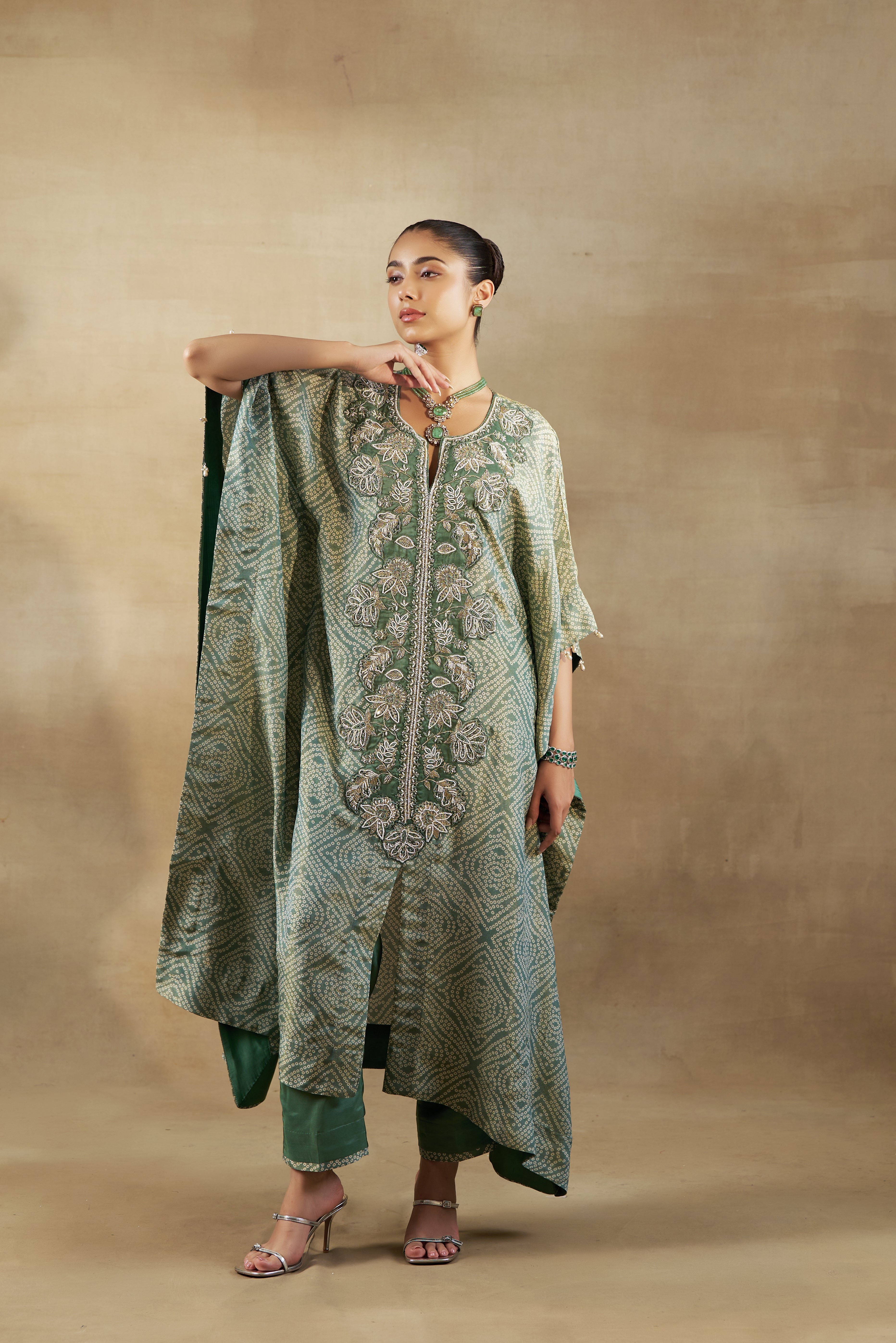 Green Embroidered Kaftan With Silk Pants