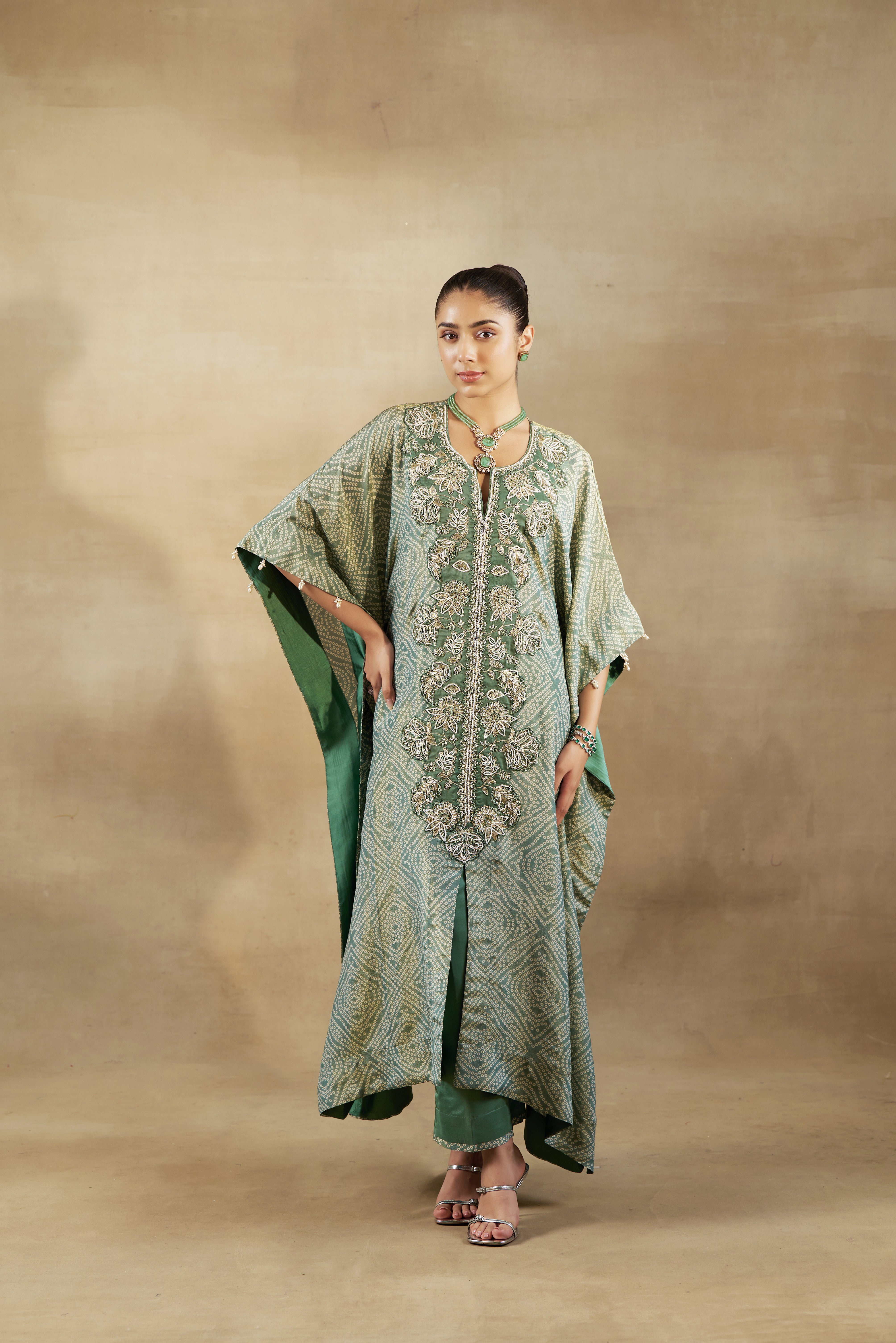 Green Embroidered Kaftan With Silk Pants