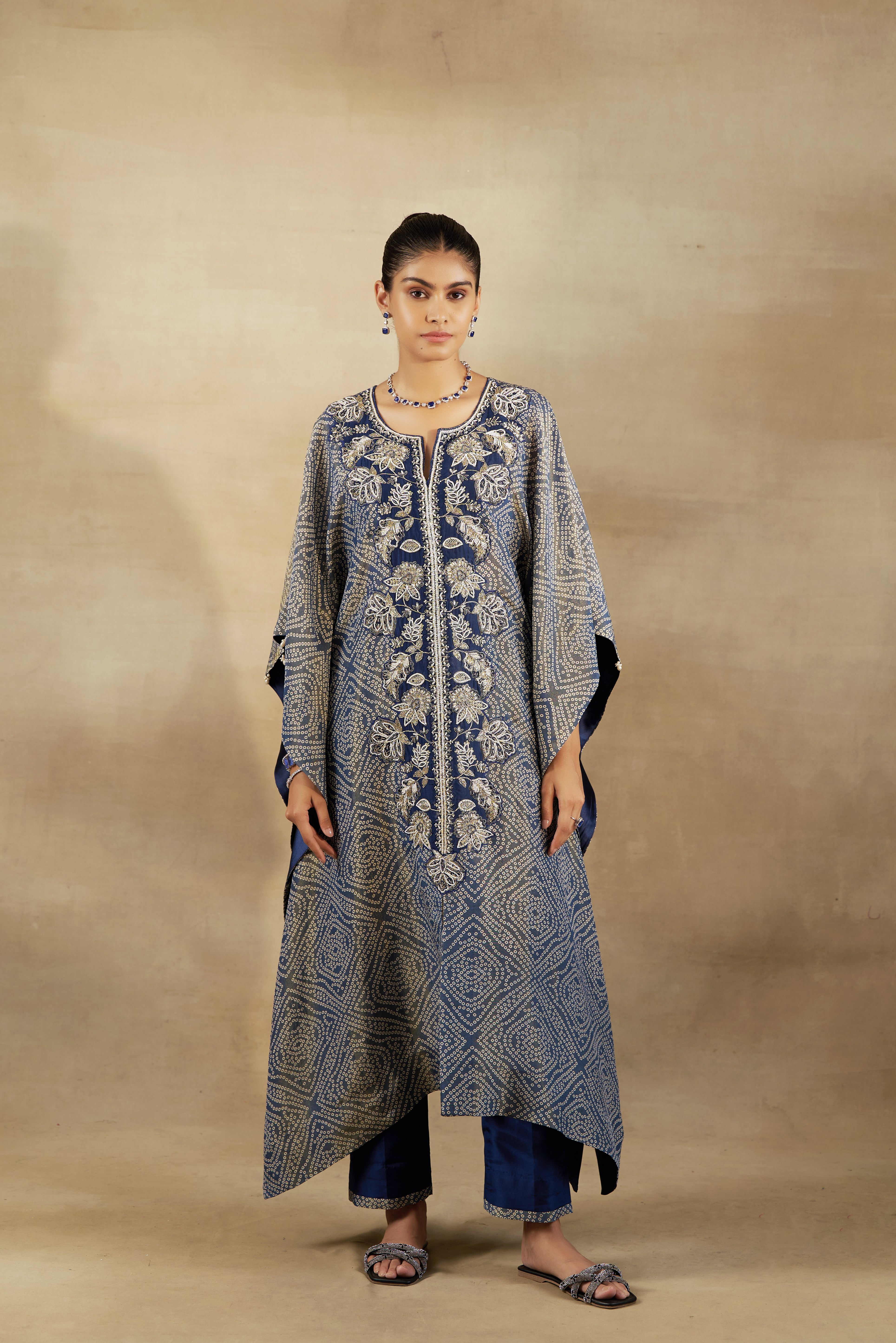 Blue Embroidered Kaftan With Silk Pants