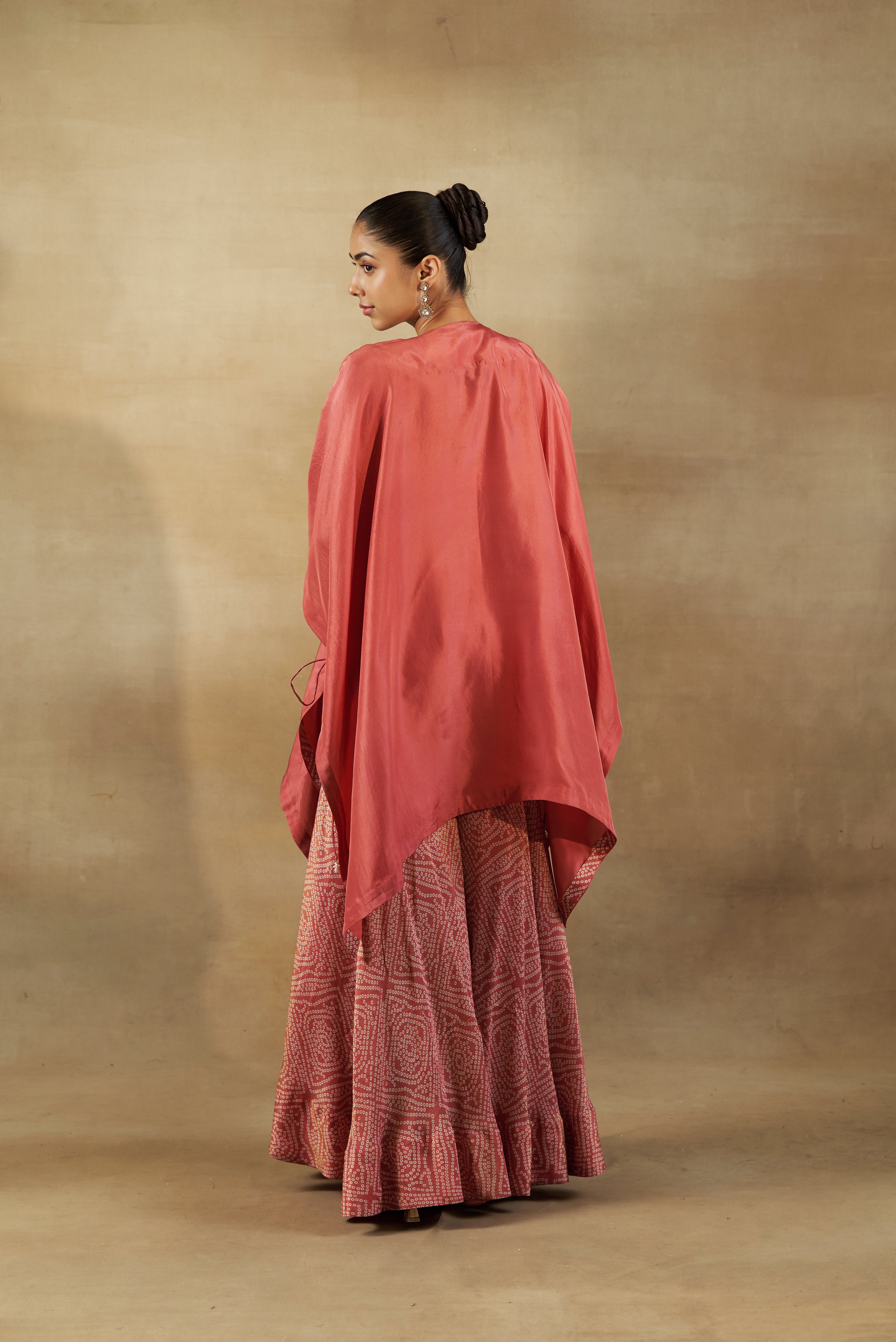 Peach Kaftan With Tissue Bandhani Garara