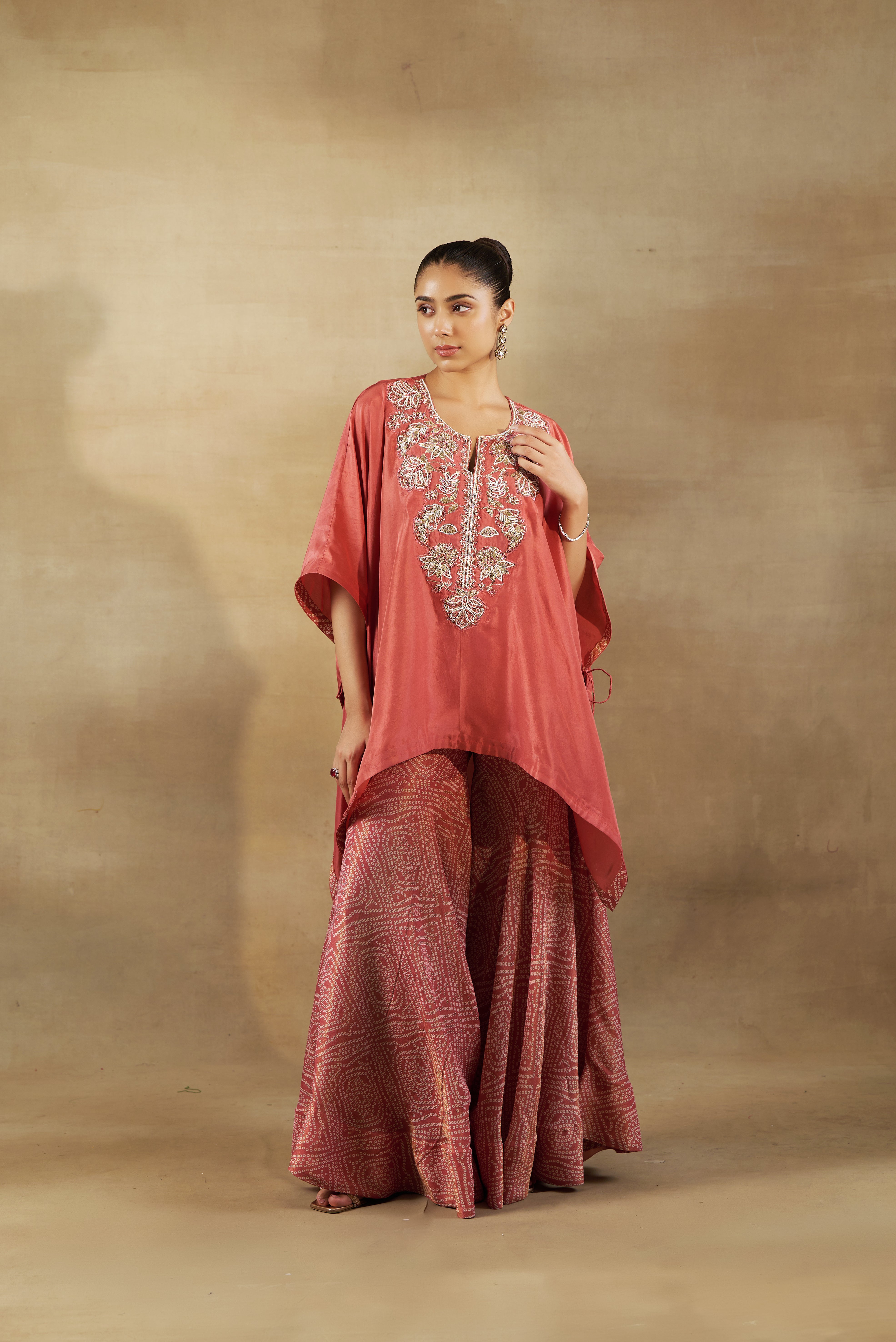 Peach Kaftan With Tissue Bandhani Garara