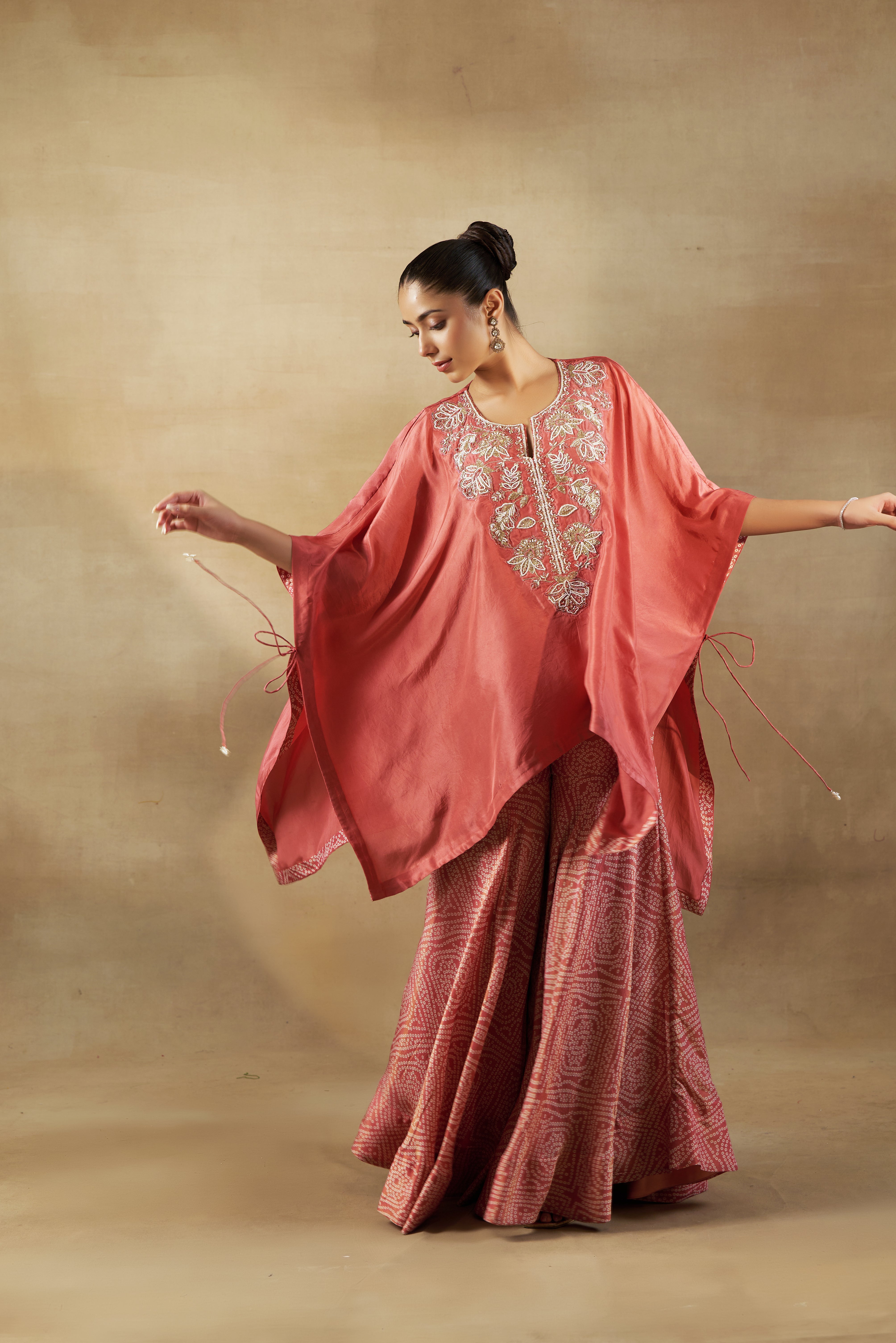 Peach Kaftan With Tissue Bandhani Garara