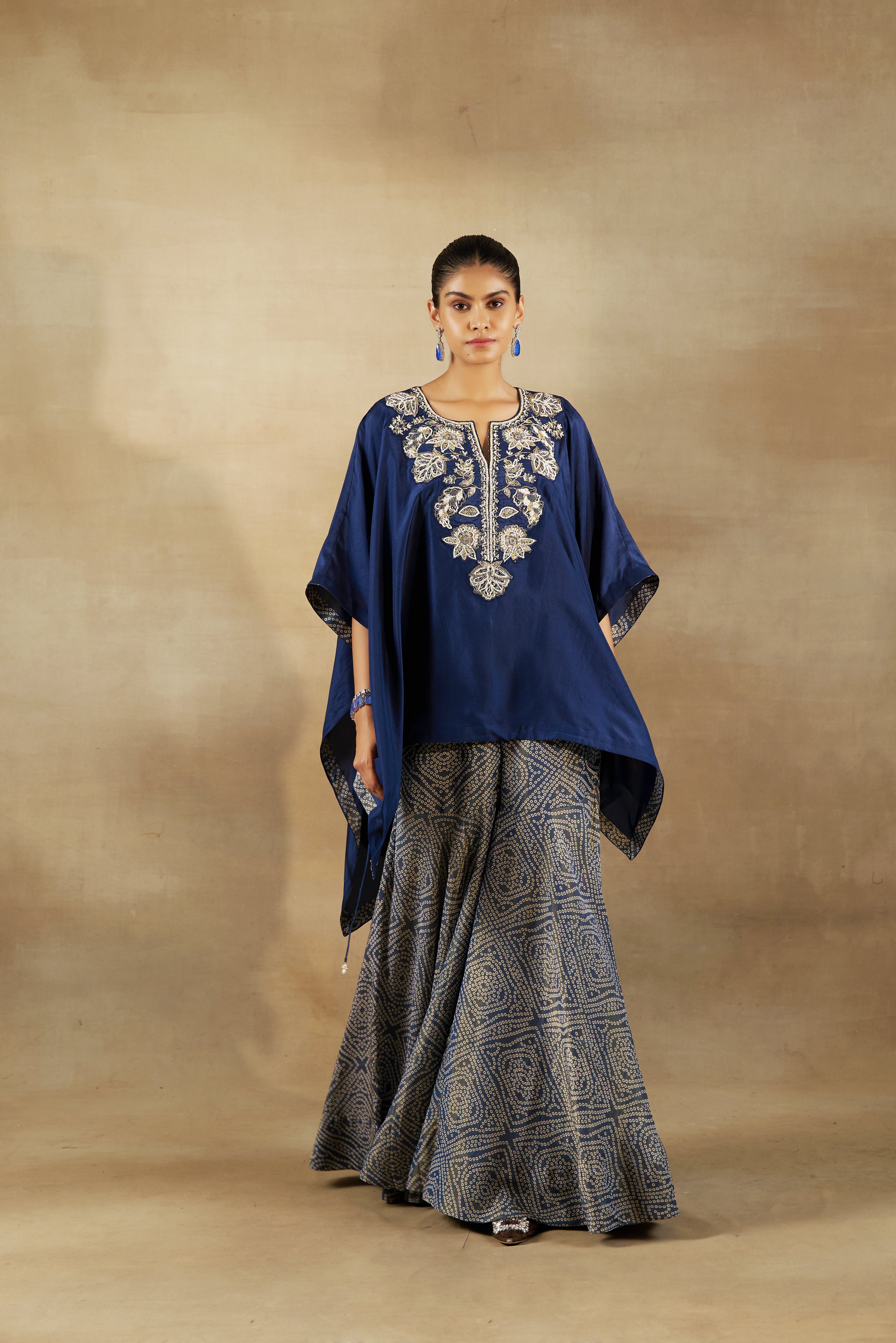 Blue Kaftan With Tissue Bandhani Garara