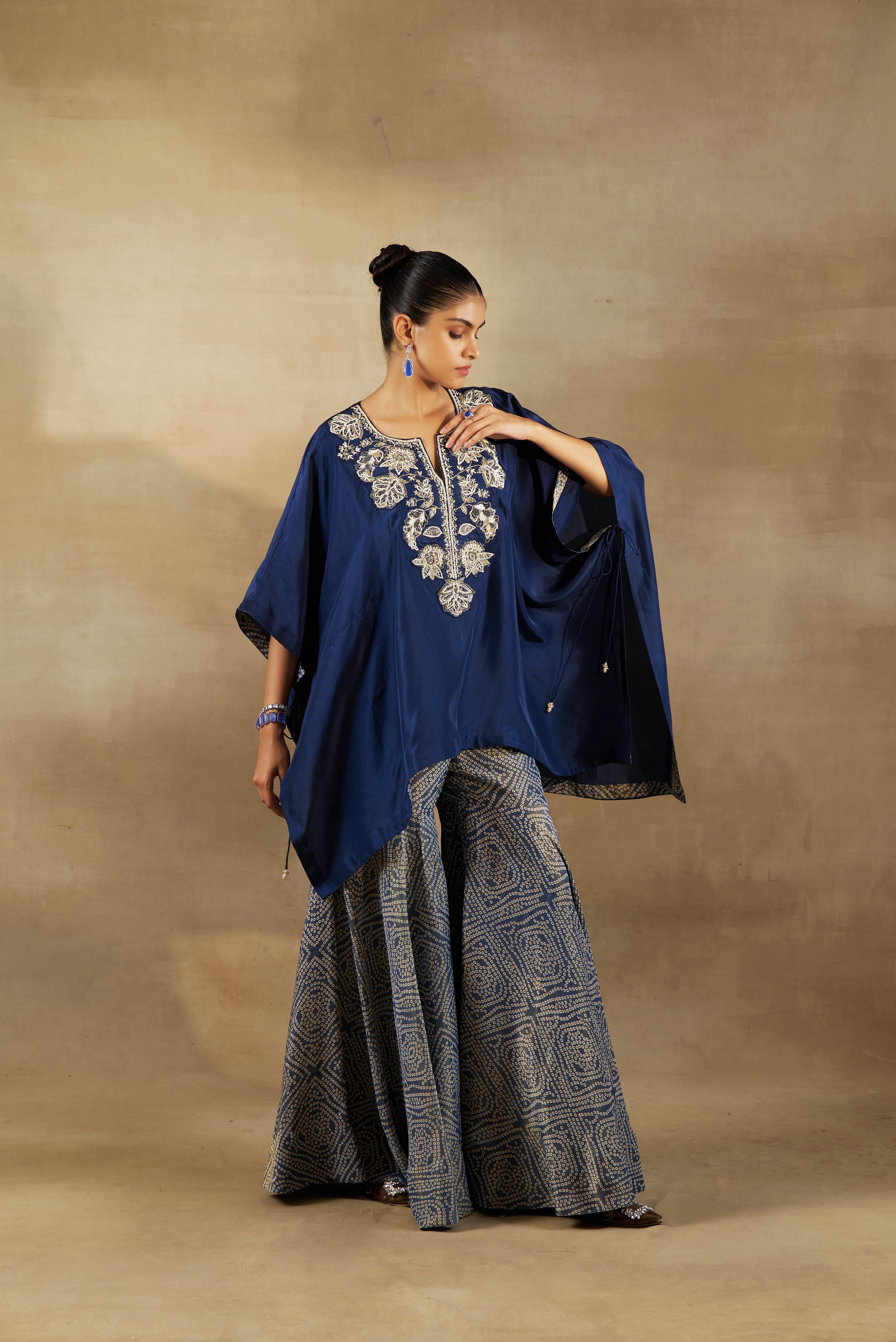 Blue Kaftan With Tissue Bandhani Garara