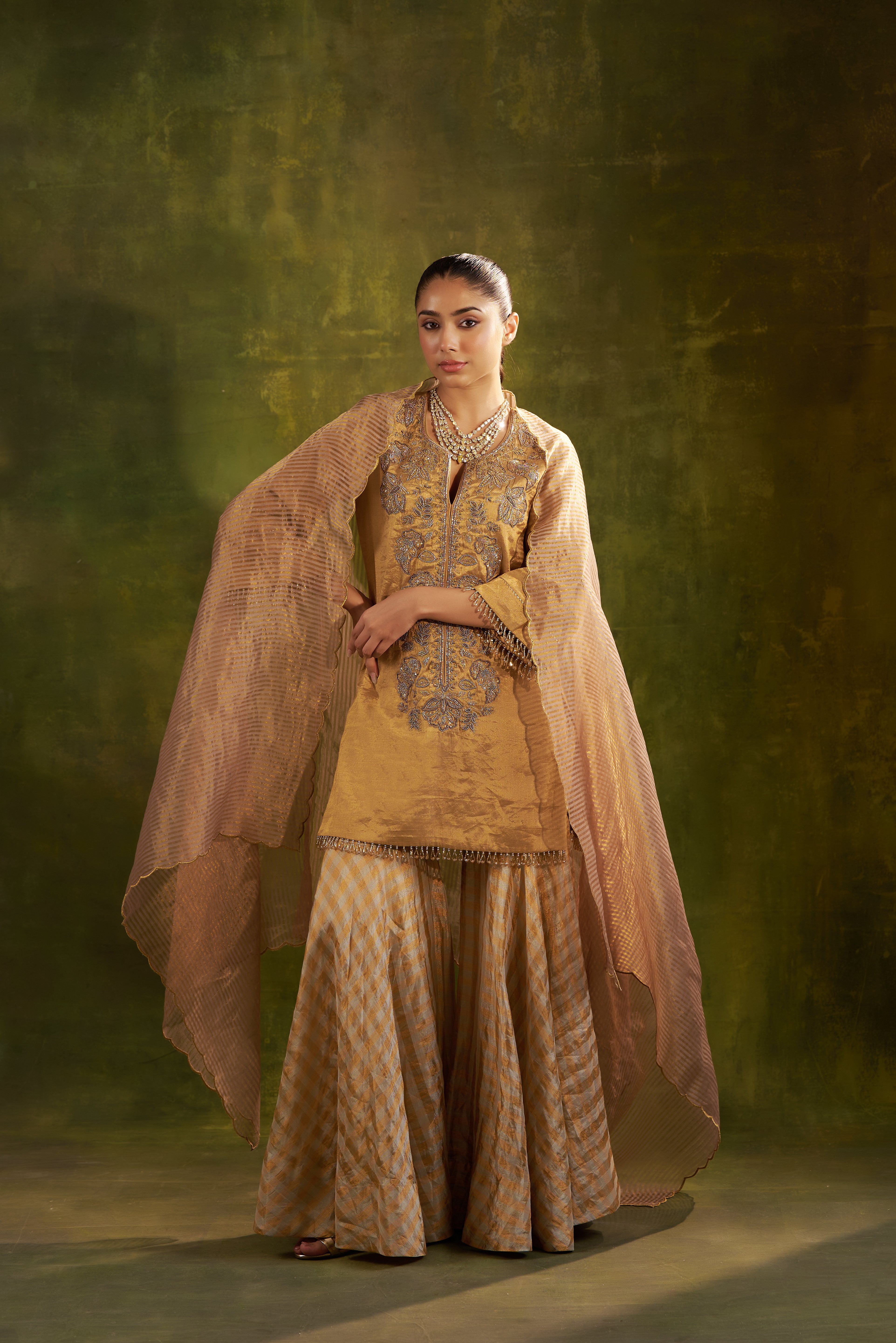 Gold Garara Set With Banarsi Dupatta