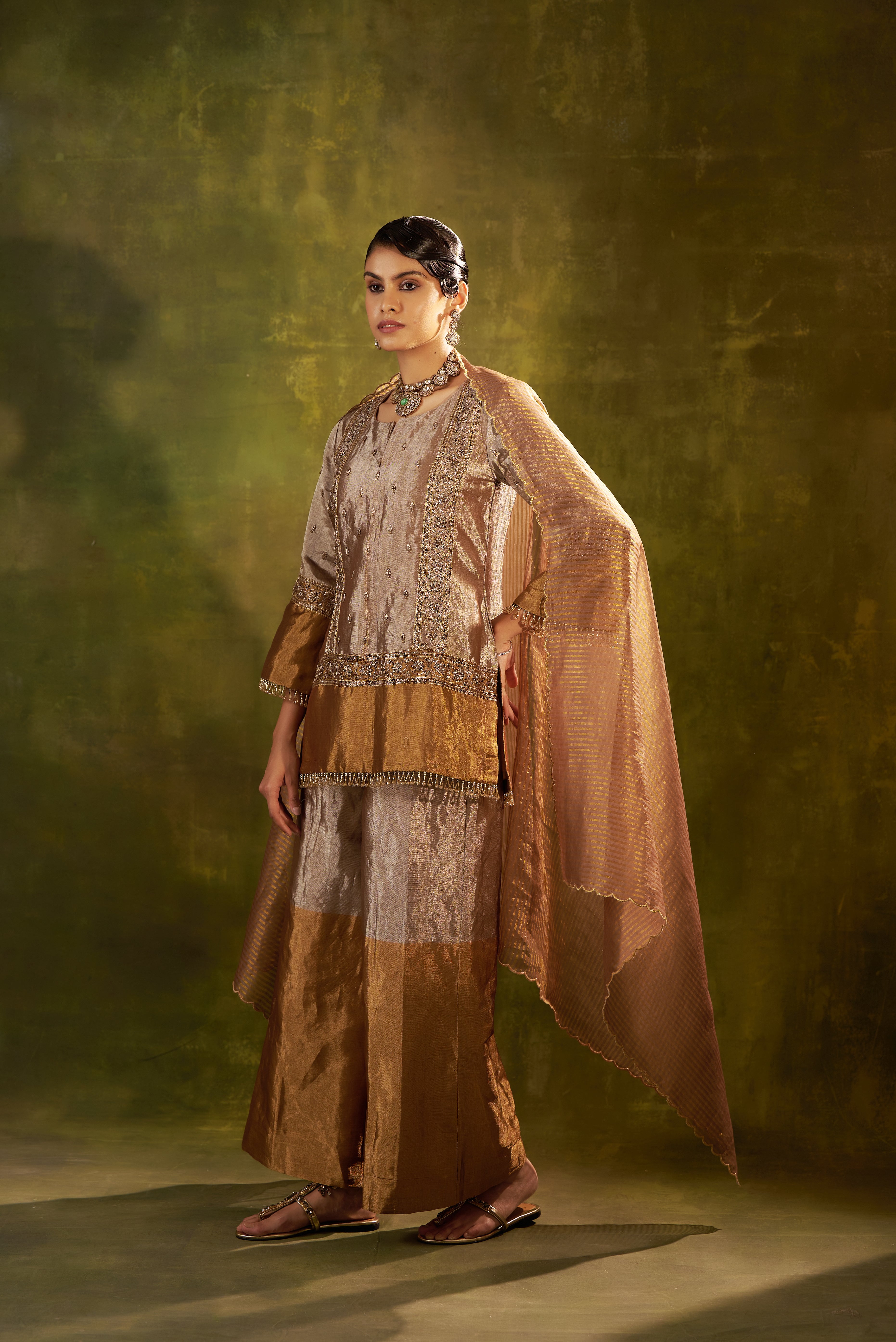 Gold Pallazo Set With Striped Banarsi  Dupatta