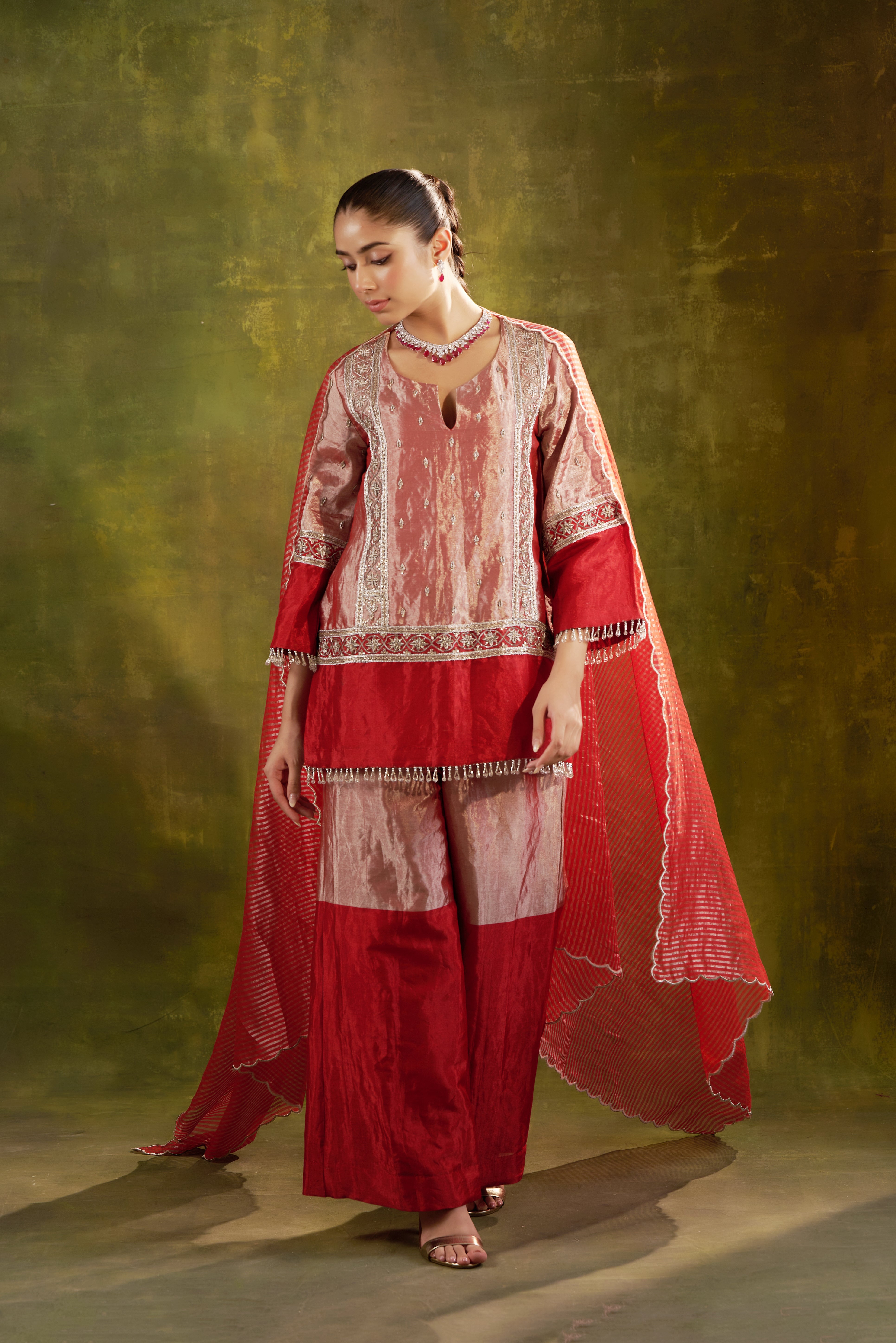 Red Garara Set With Striped Banarsi Dupatta