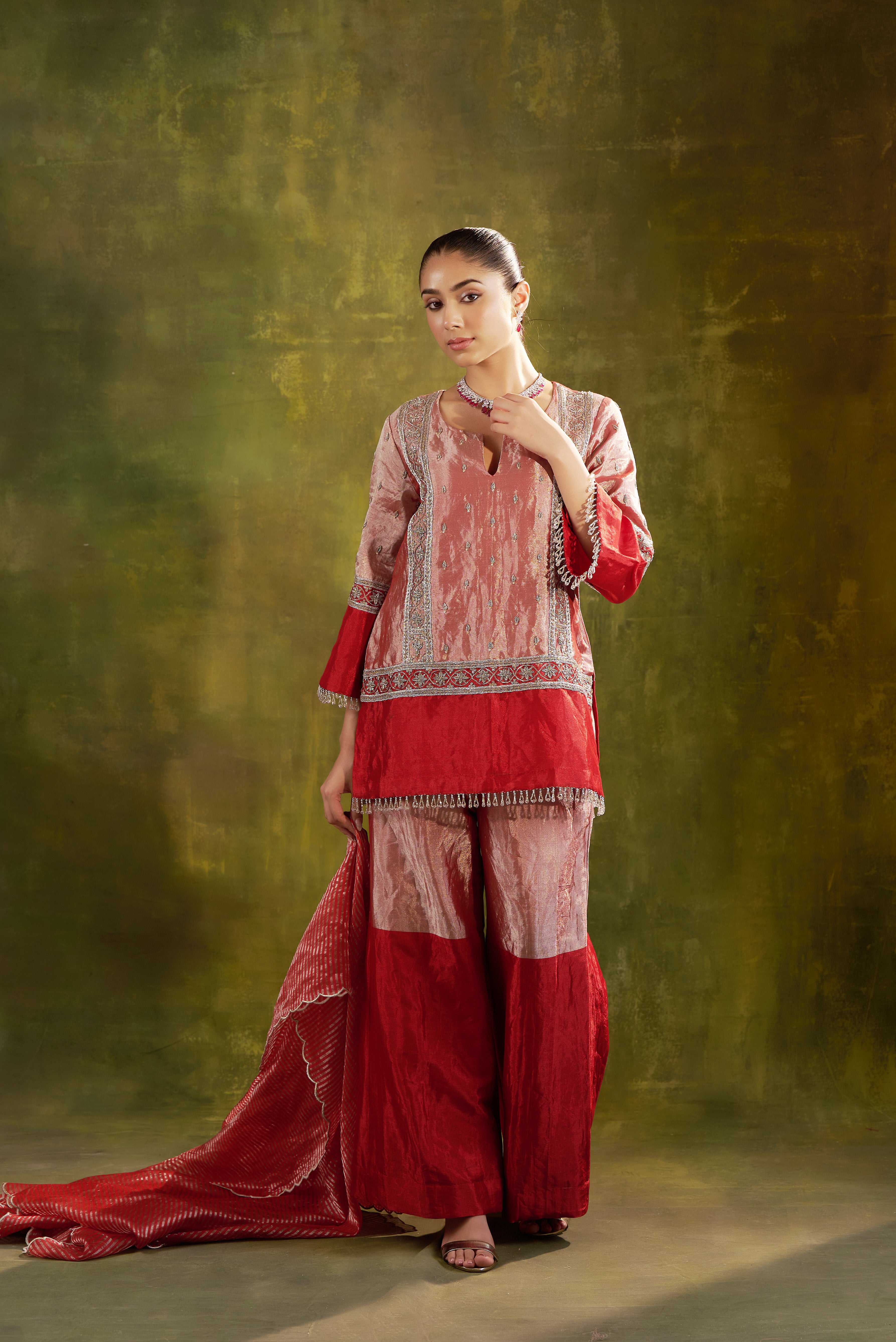 Red Garara Set With Striped Banarsi Dupatta