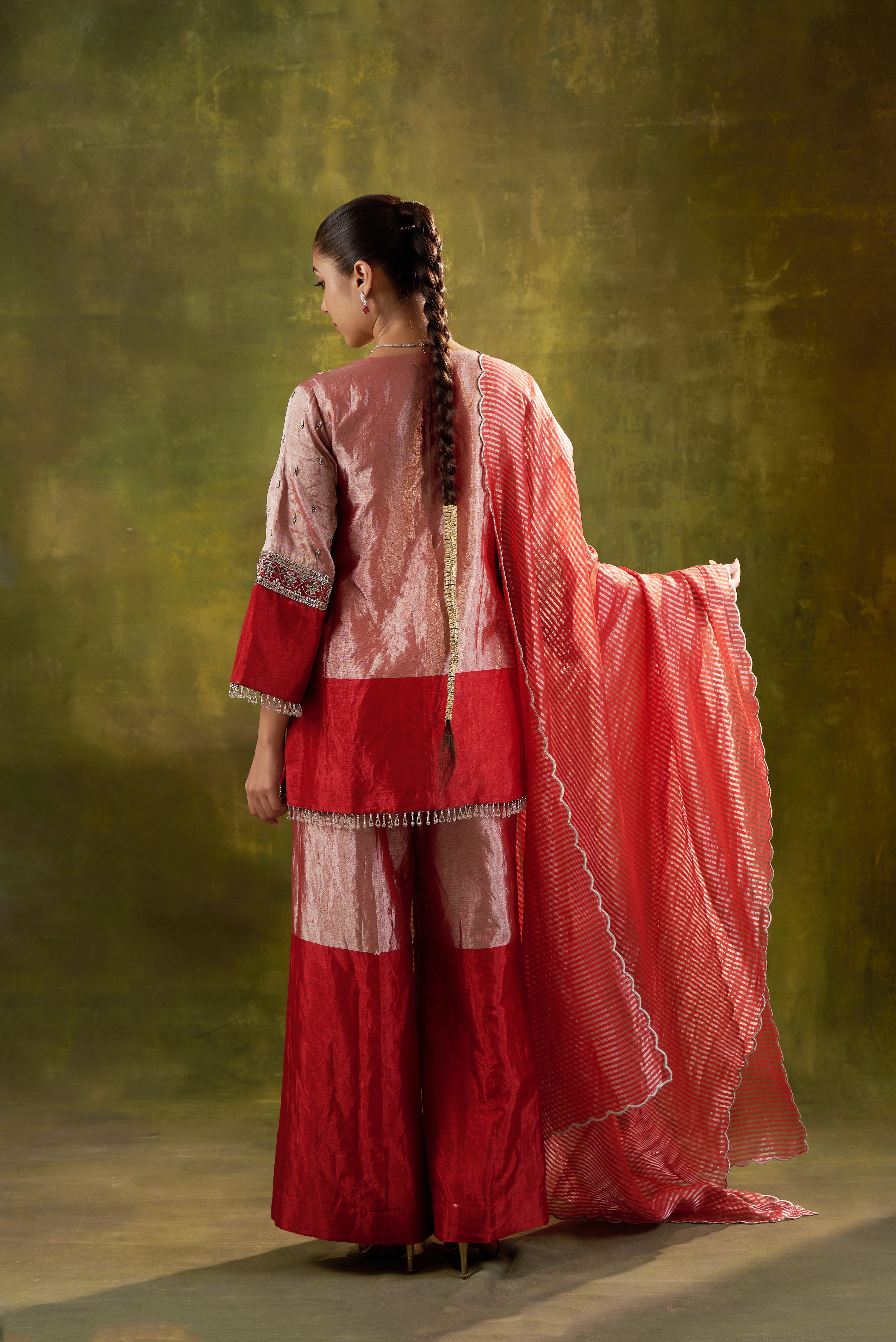 Red Garara Set With Striped Banarsi Dupatta