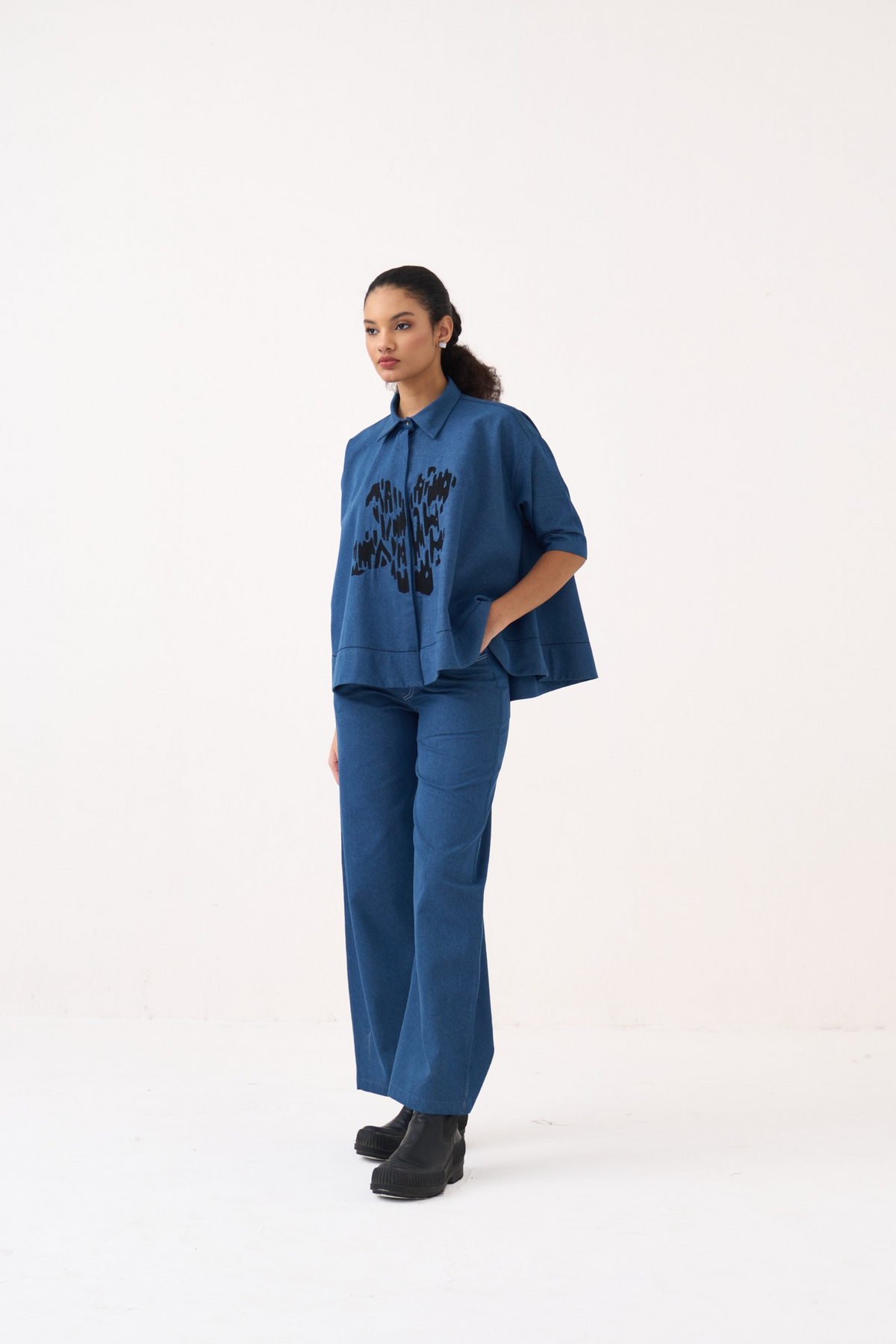 Floral Emb. Denim Shirt Co-ord (set Of 2)