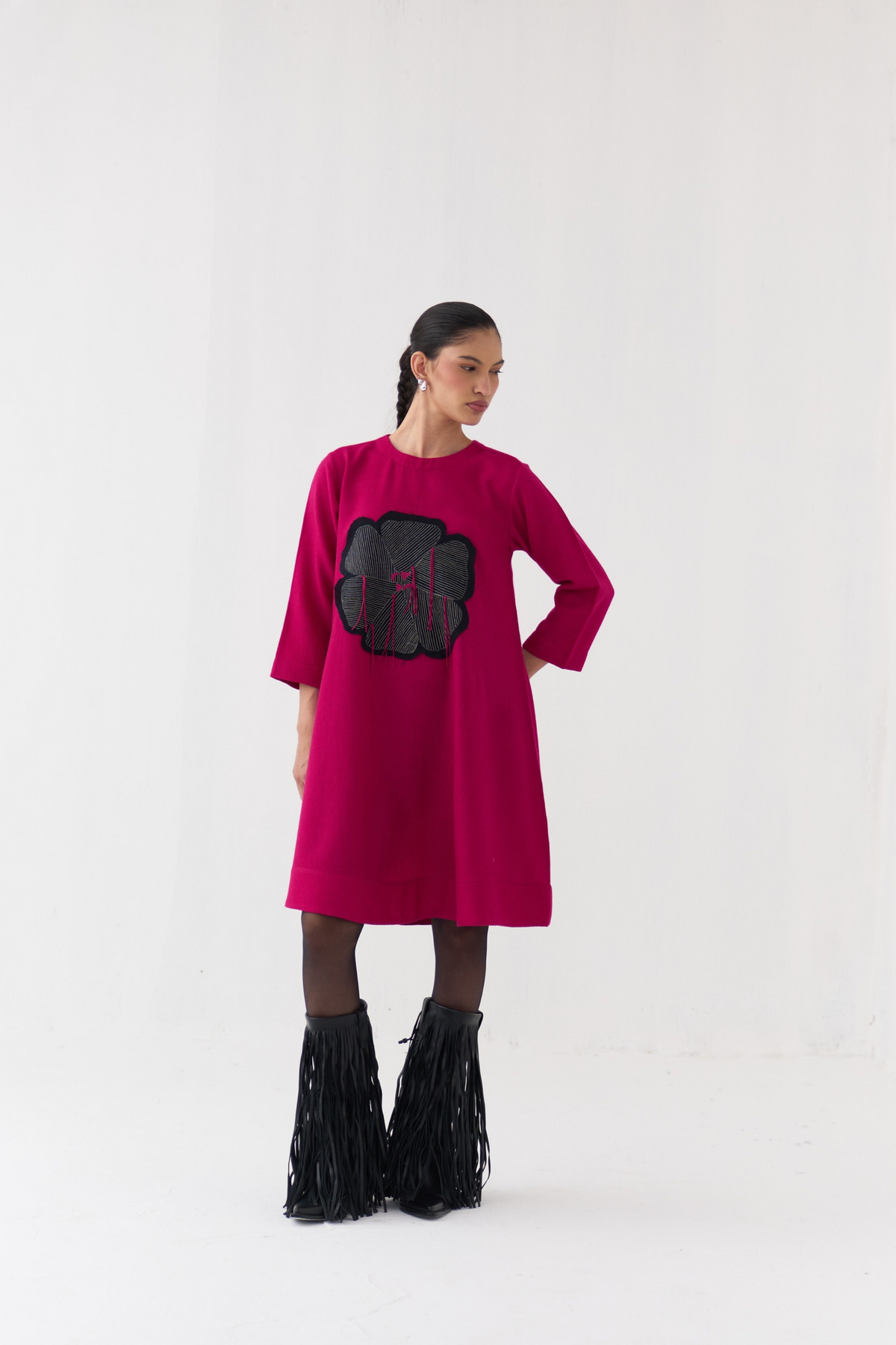 Floral Applique Woollen Dress
