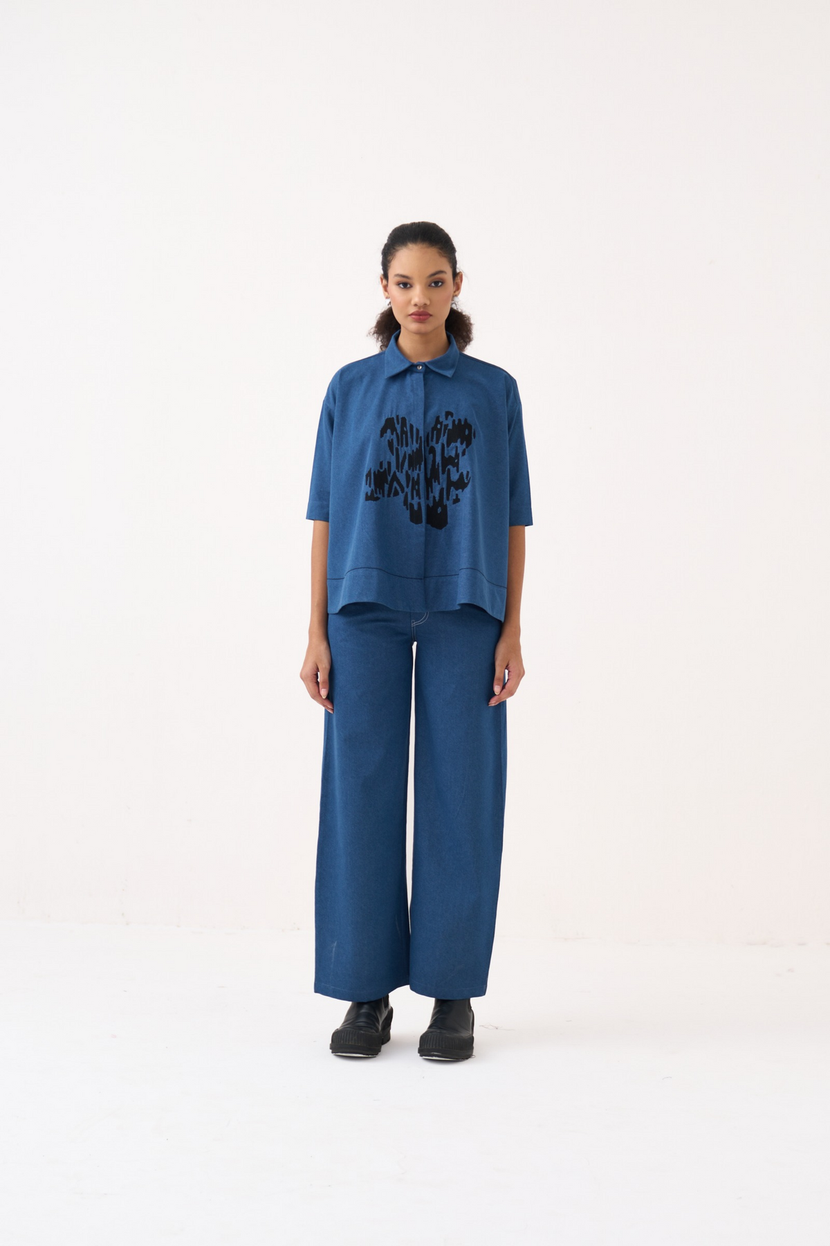 Floral Emb. Denim Shirt Co-ord (set Of 2)