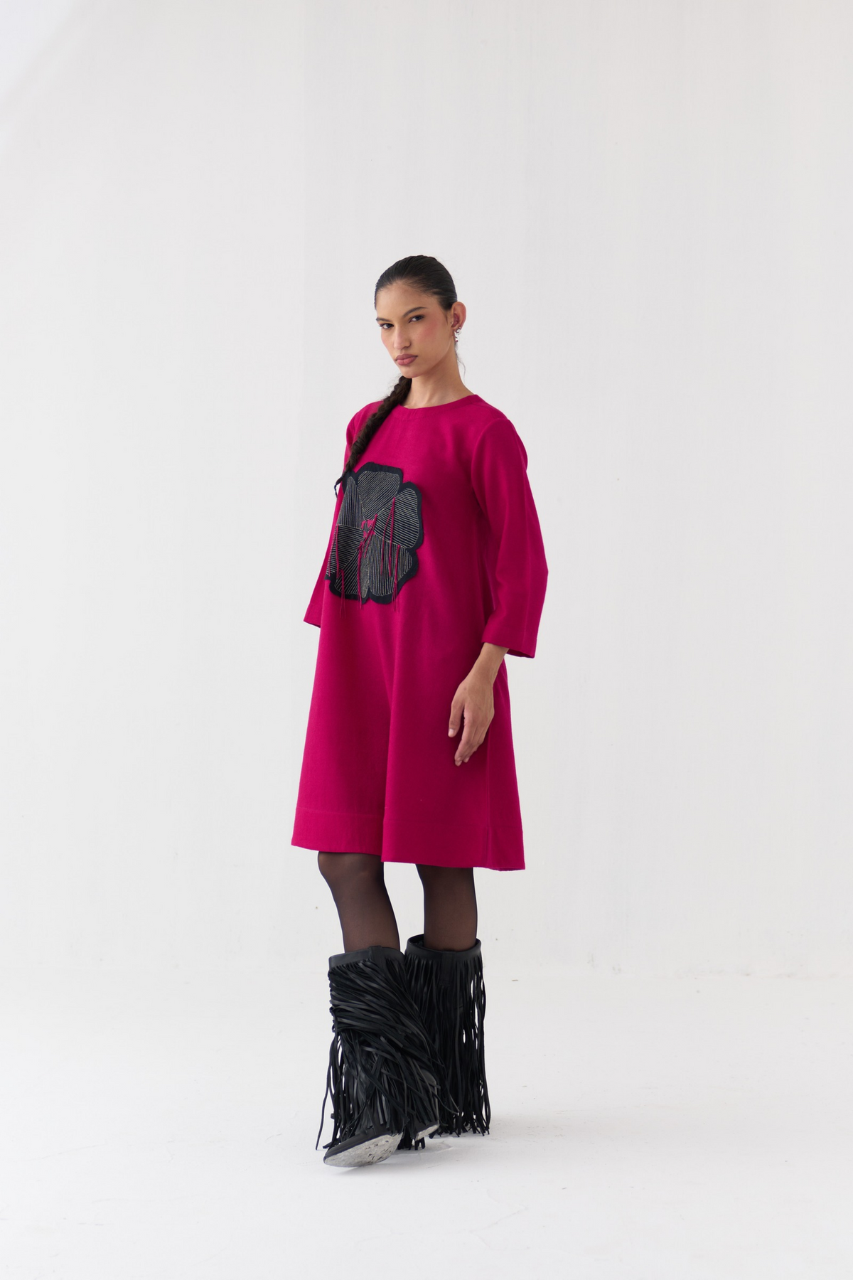 Floral Applique Woollen Dress