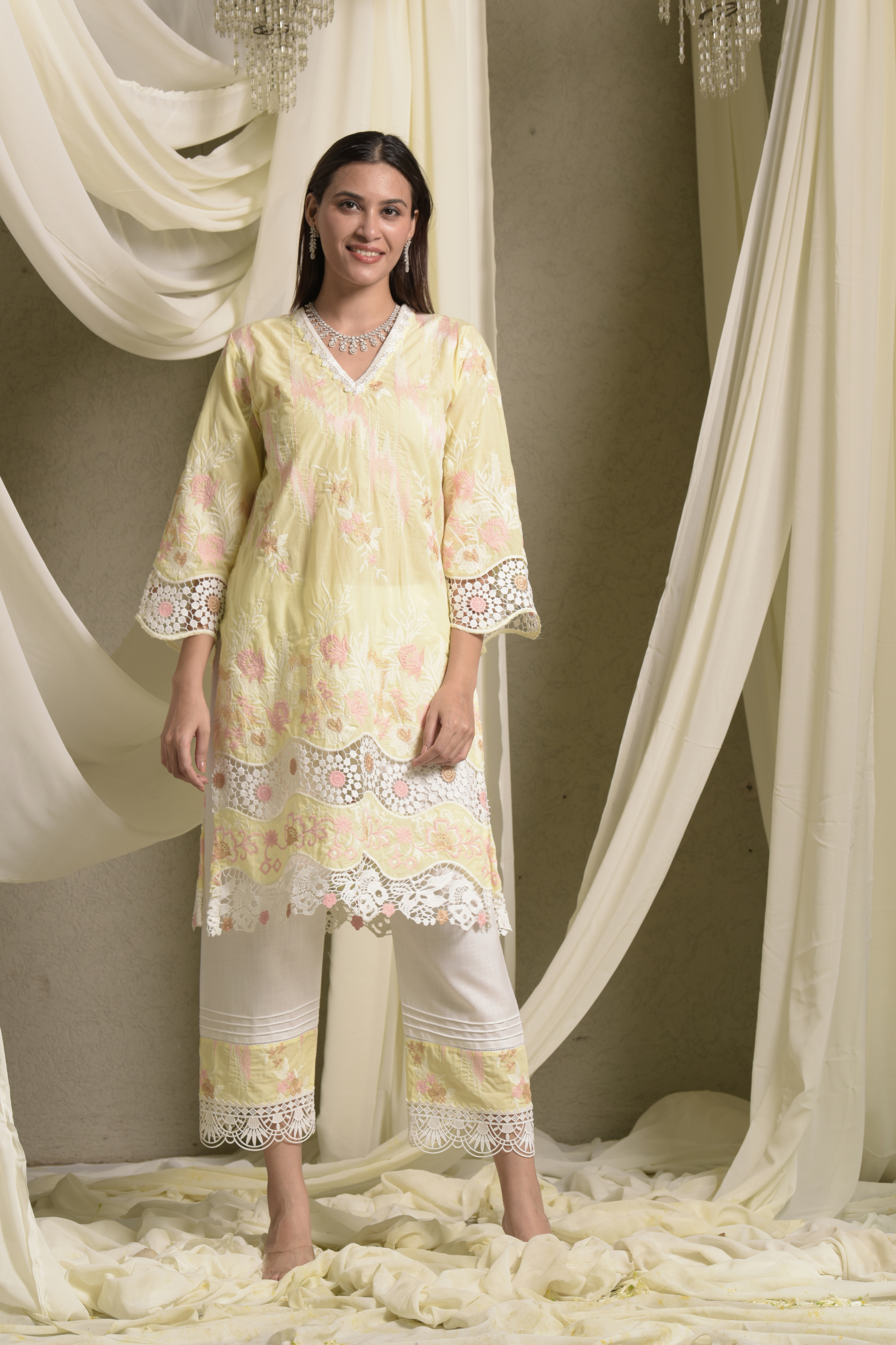 Myra Mesh Floral Lace Kurta With Pant - Yellow