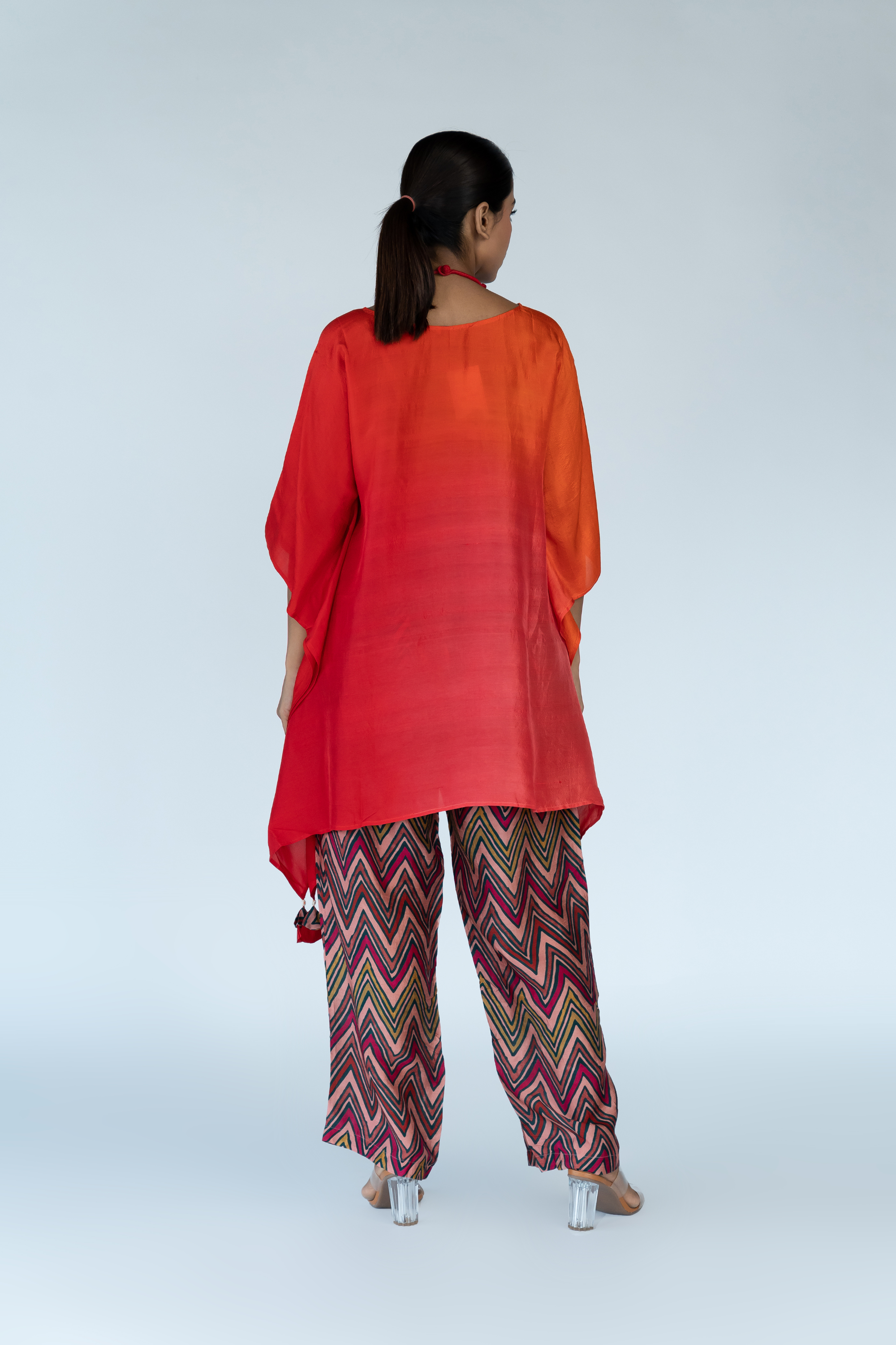 Fuschia Red Ombre Kaftan Top With Pants (2pc)